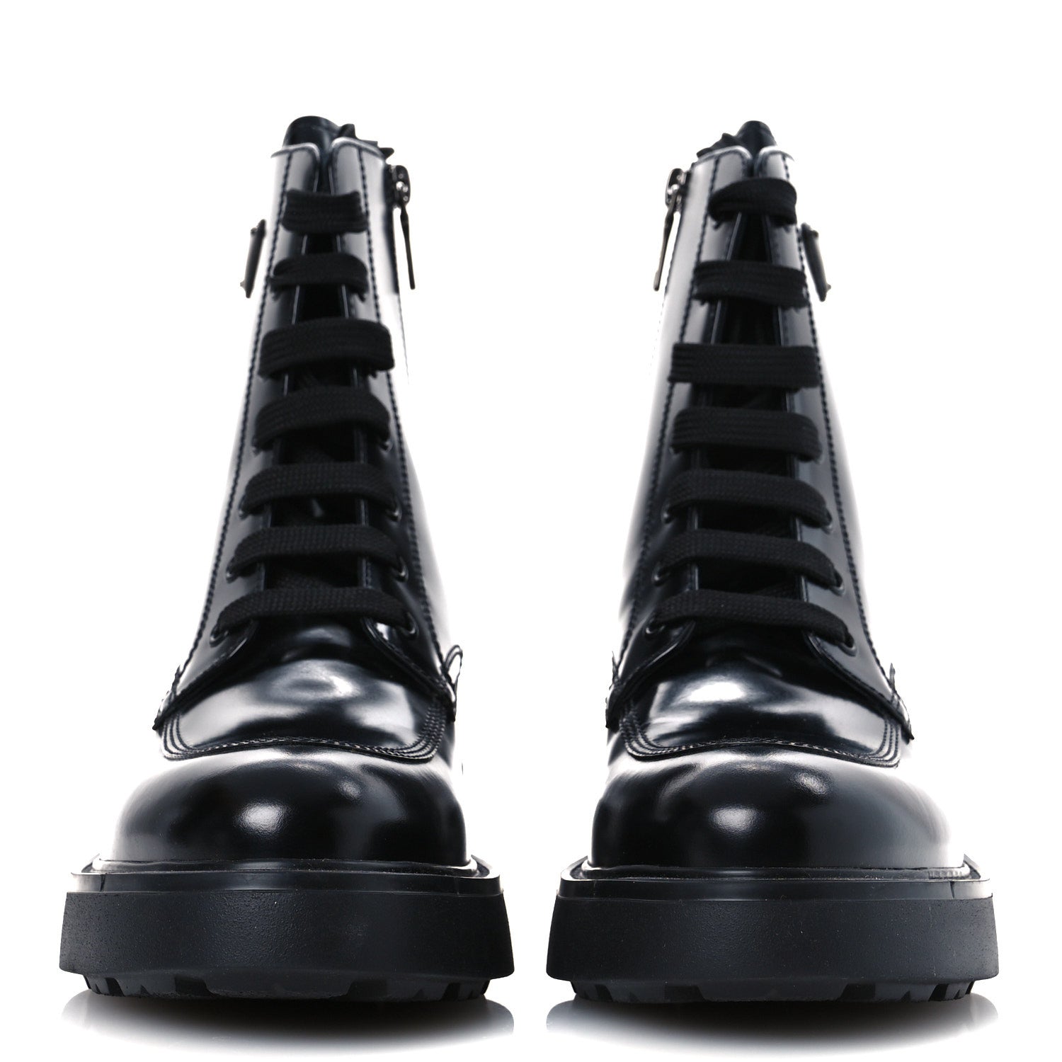 Prada Brushed Calfskin Triangle Combat Boots 39.5 Black 6 of 22