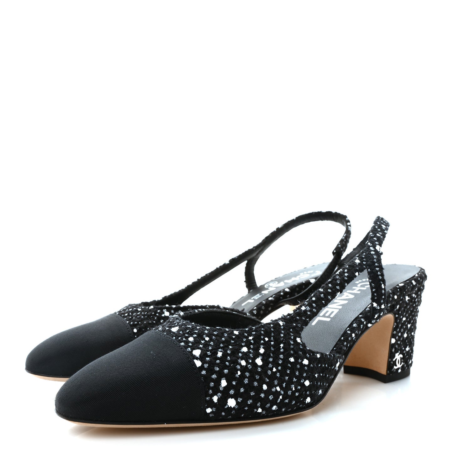 Tweed Grosgrain Cap Toe CC Slingback Pumps 37 Black White