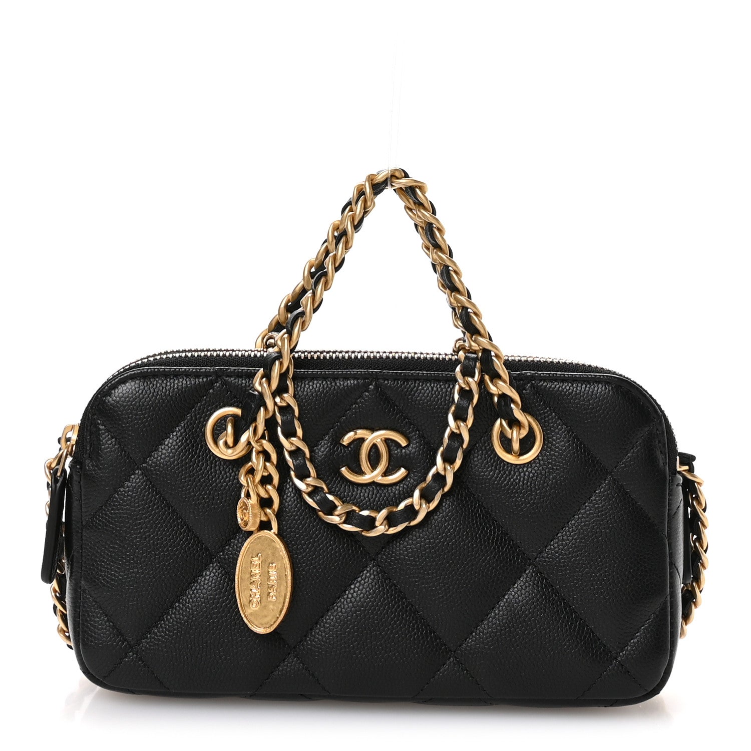 Chanel Caviar Quilted Top Handle Phone Holder With Chain Black