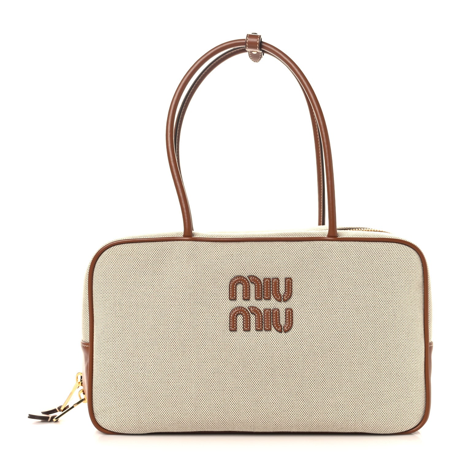 MIU MIU カナパ　ベージュ トートバッグ Miu Miu Canvas Calfskin Large Beau Top Handle Bag Naturale Brandy
