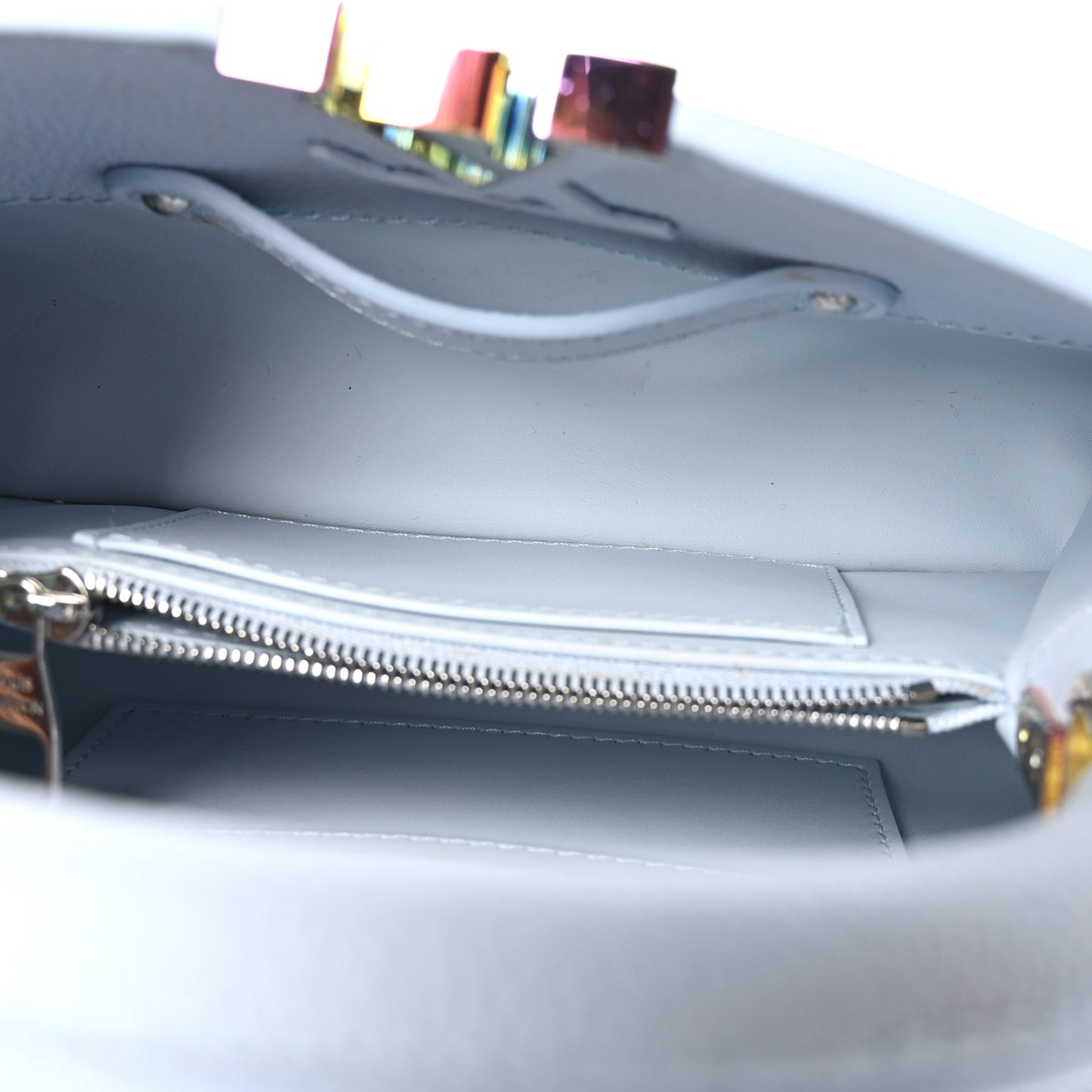 Taurillon Capucines East West Mini Scarabeo Iridescent Washed Blue