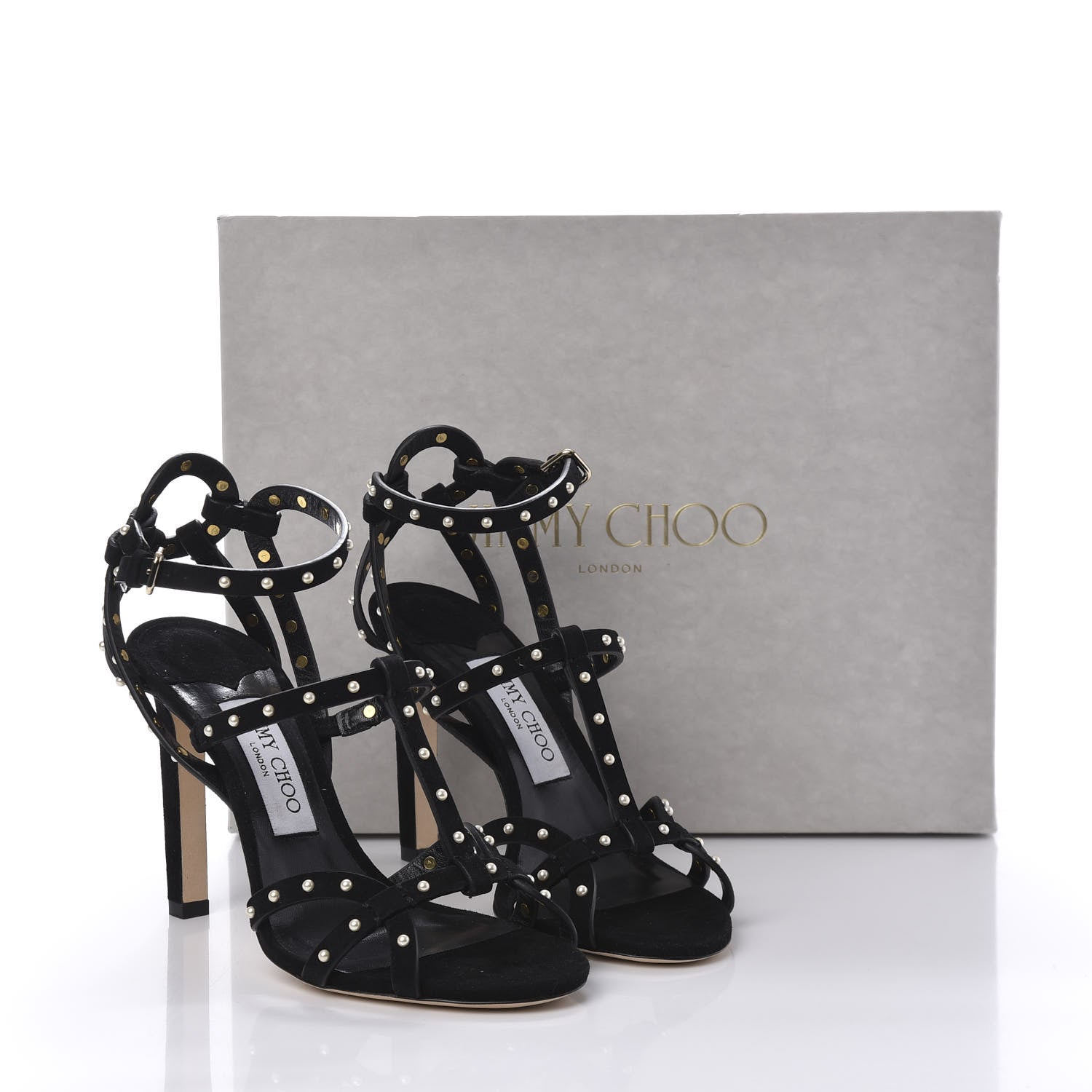 Jimmy Choo Suede Pearls Beverly 100 Sandals 37.5 Black 10 of 10