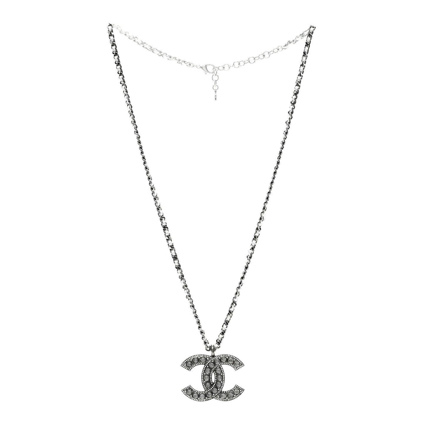 Ruthenium Crystal Lambskin CC Pendant Necklace Silver