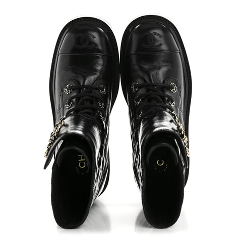 Shiny Lambskin Quilted Lace Up Combat Boots 37 Black