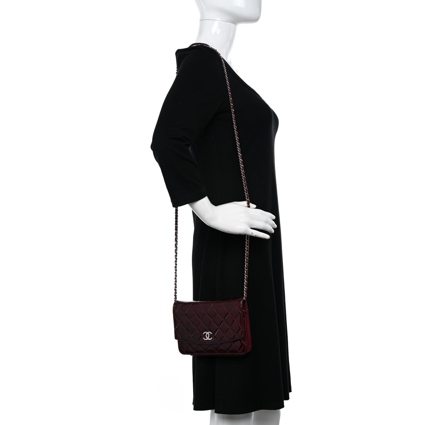 Patent Quilted Brilliant Wallet On Chain WOC Dark Burgundy