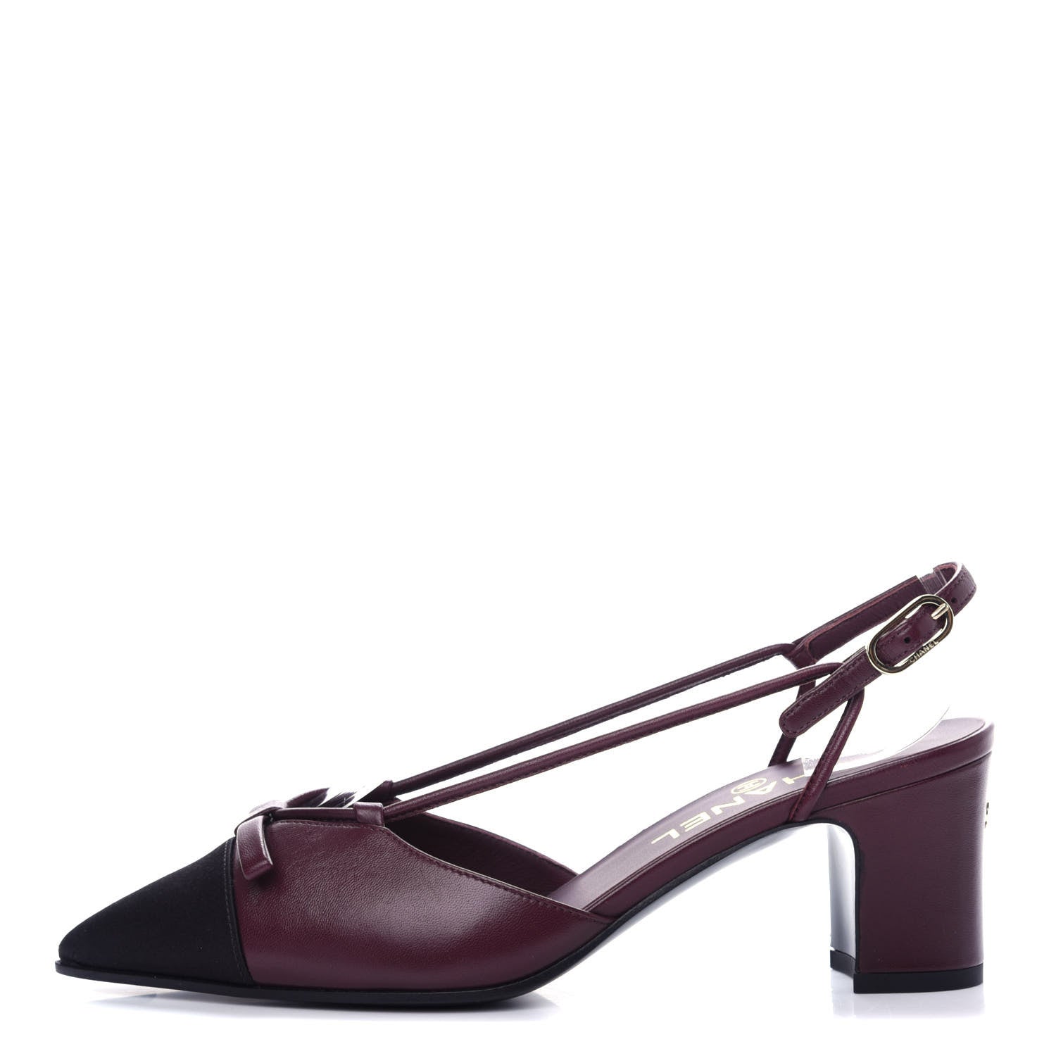 Chanel Lambskin Satin Slingback Cap Toe Bow Pumps 36.5 Burgundy Black 1 of 11