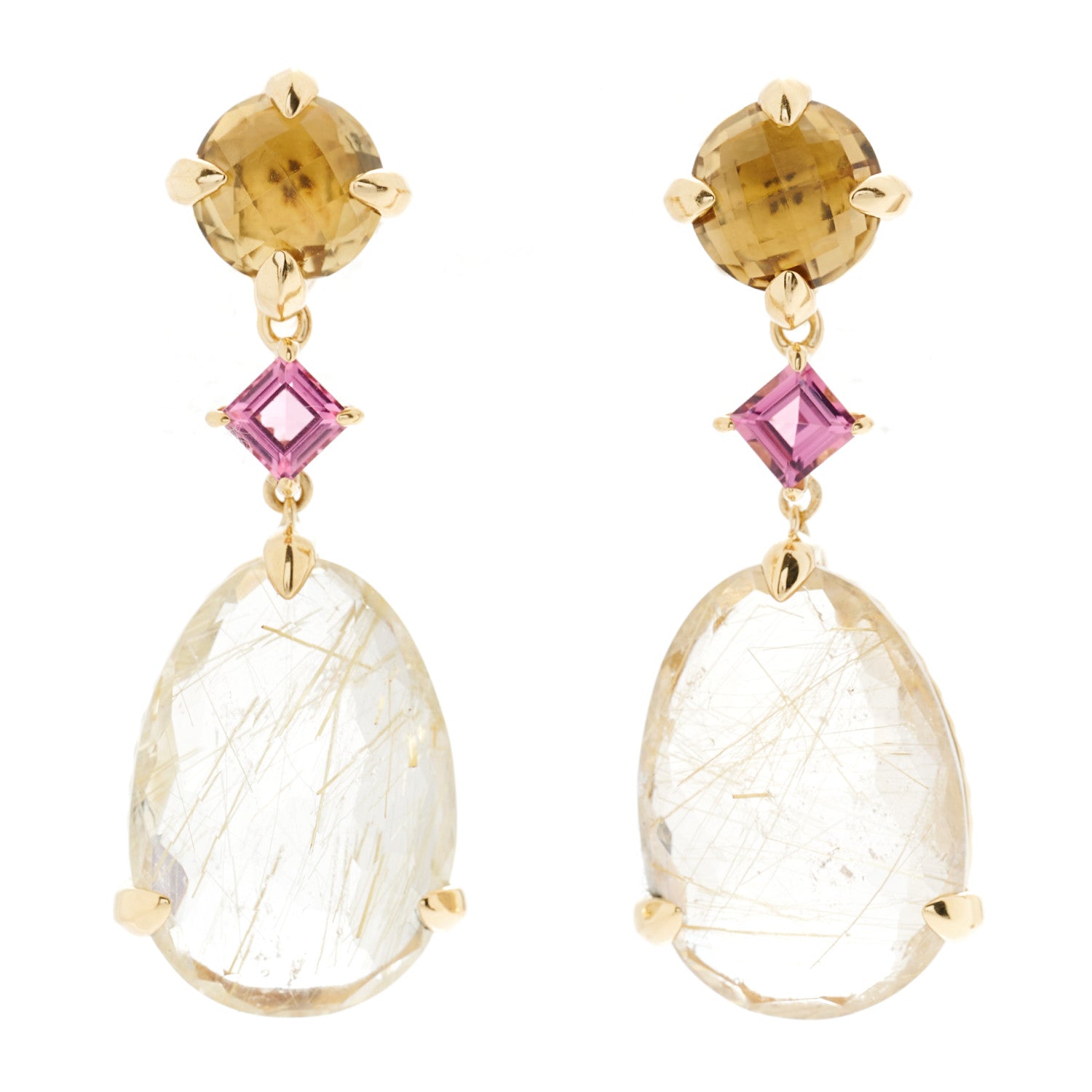 David Yurman 18K Yellow Gold Rutilated Quartz Pink Tourmaline Citrine Chatelaine Drop Earrings 1 of 5
