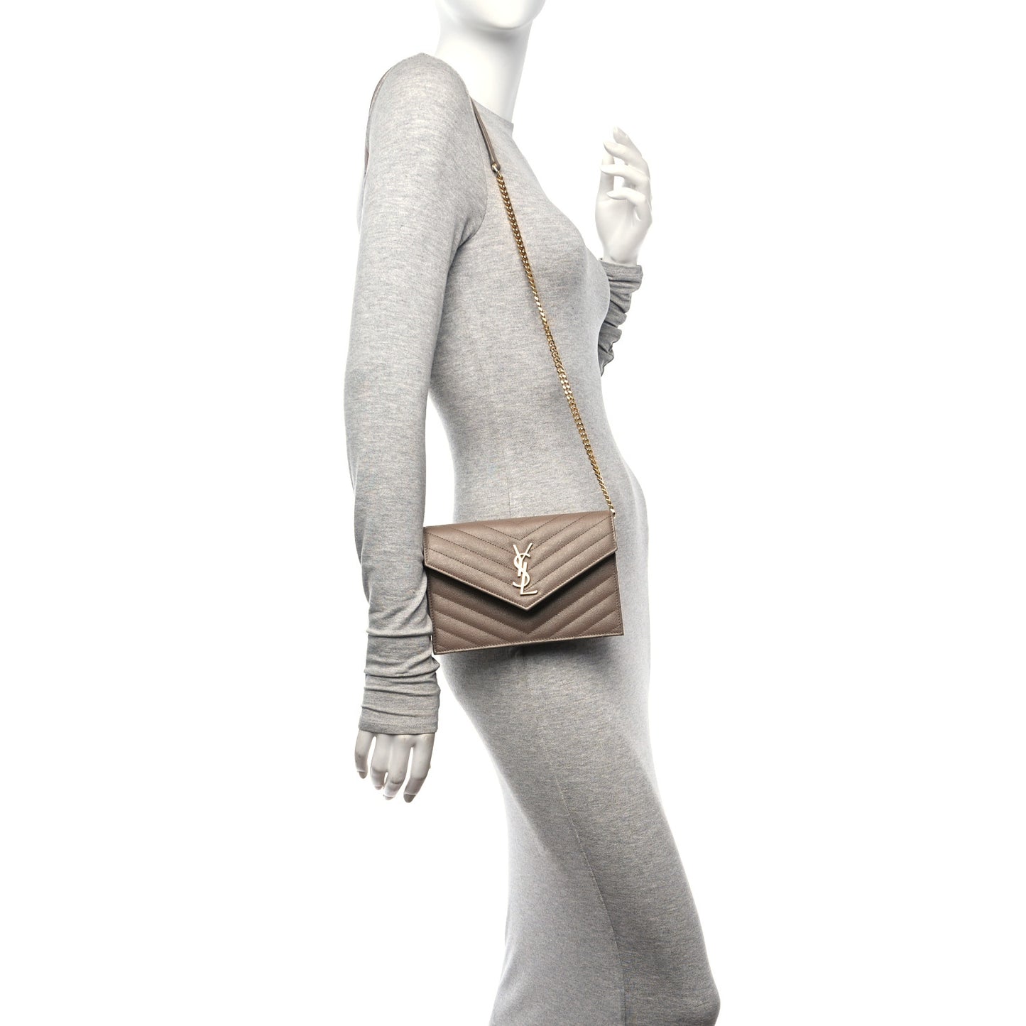 Grain De Poudre Matelasse Chevron Monogram Envelope Chain Wallet Taupe