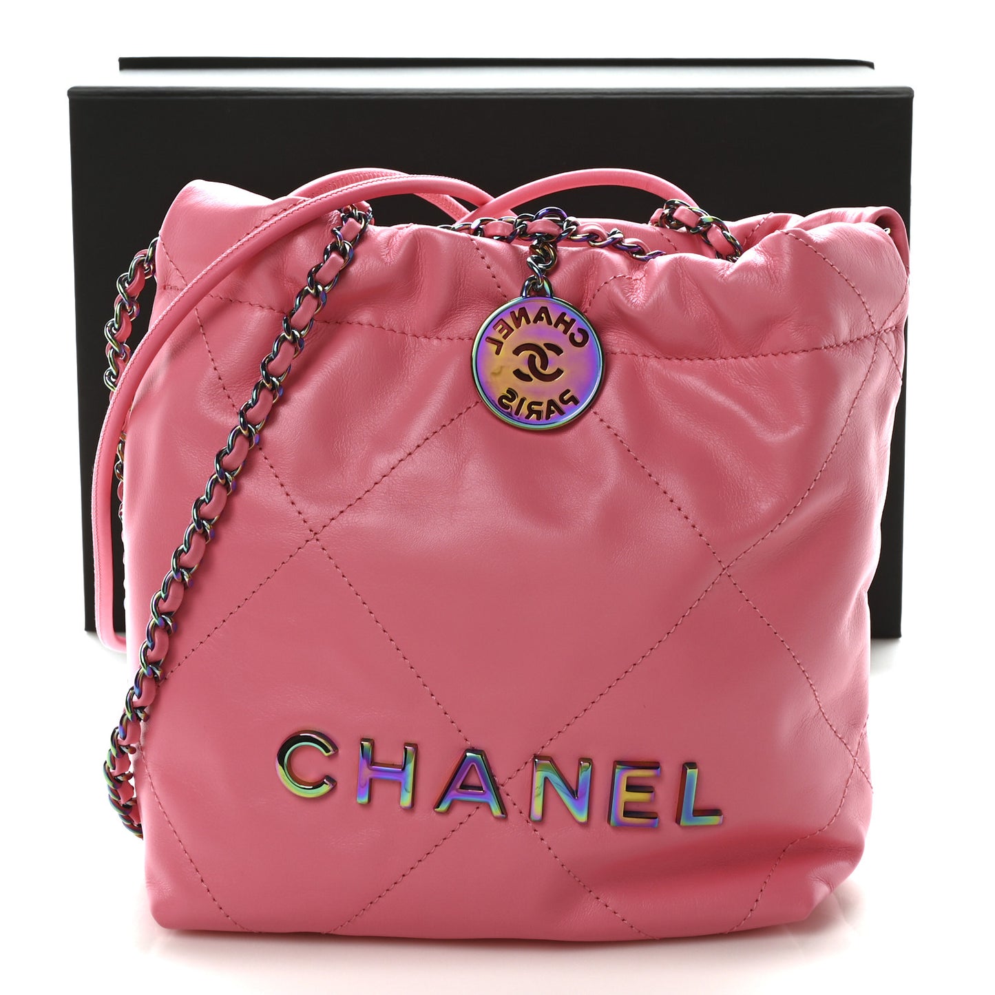 Shiny Calfskin Quilted Rainbow Metal Mini Chanel 22 Coral Pink