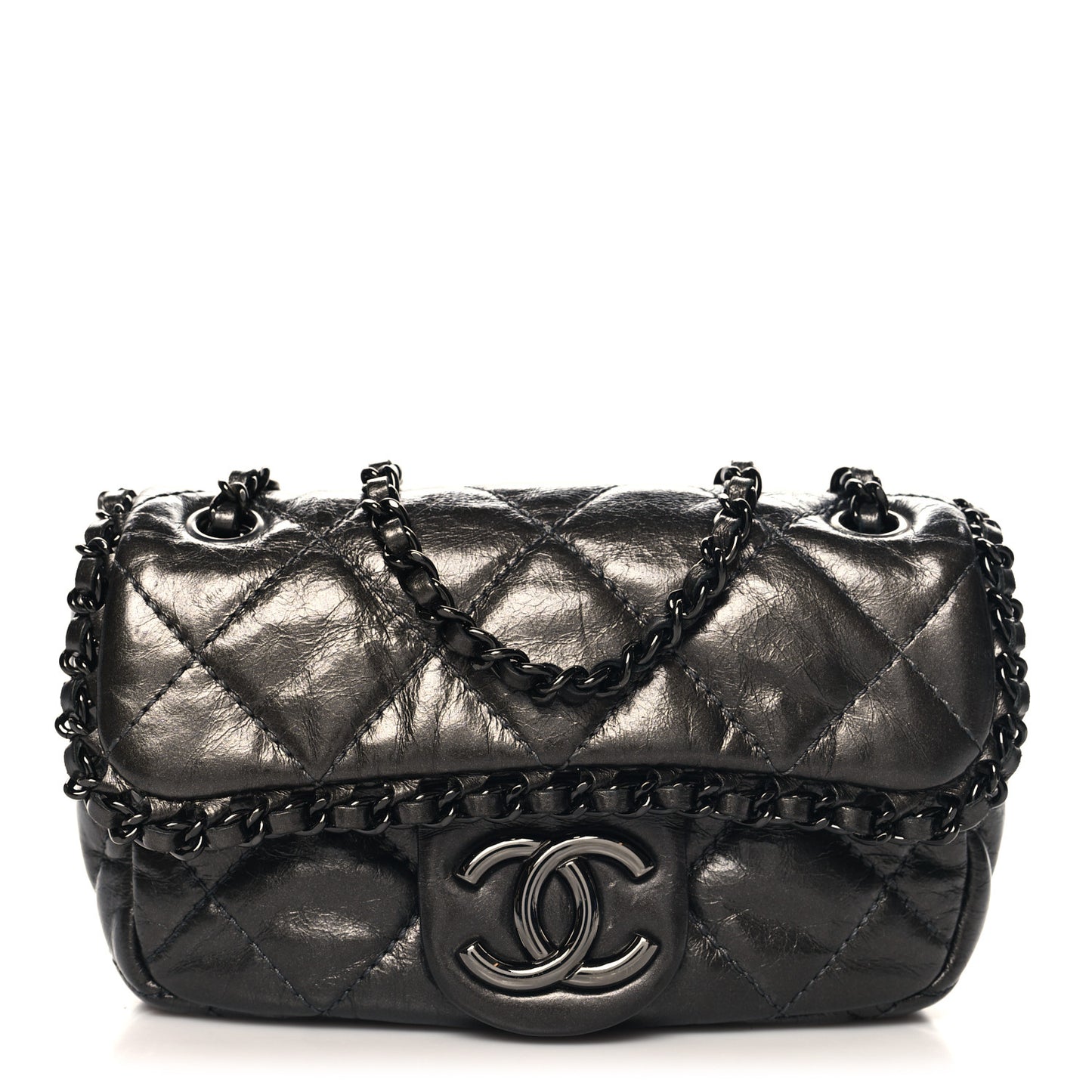 Metallic Aged Calfskin Mini Chain Me Flap Dark Grey