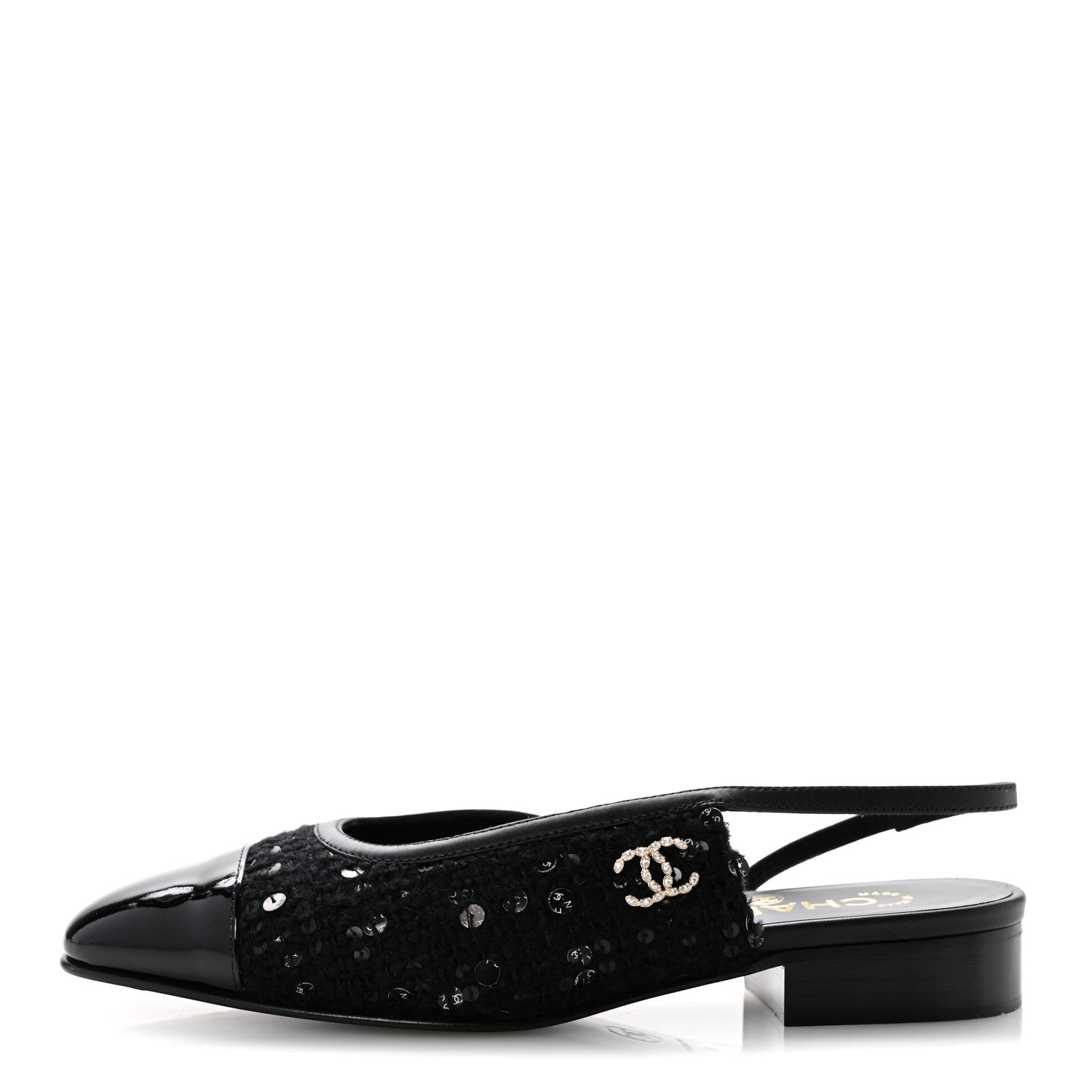 Chanel Tweed Patent Calfskin Cap Toe CC Slingback Flats 36 Black