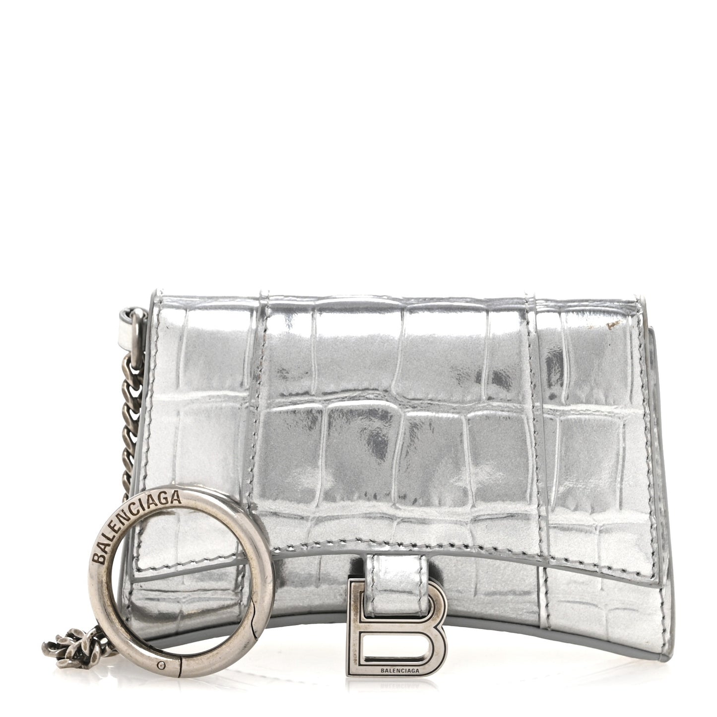 Metallic Calfskin Crocodile Embossed Hourglass Chain Cardholder Silver