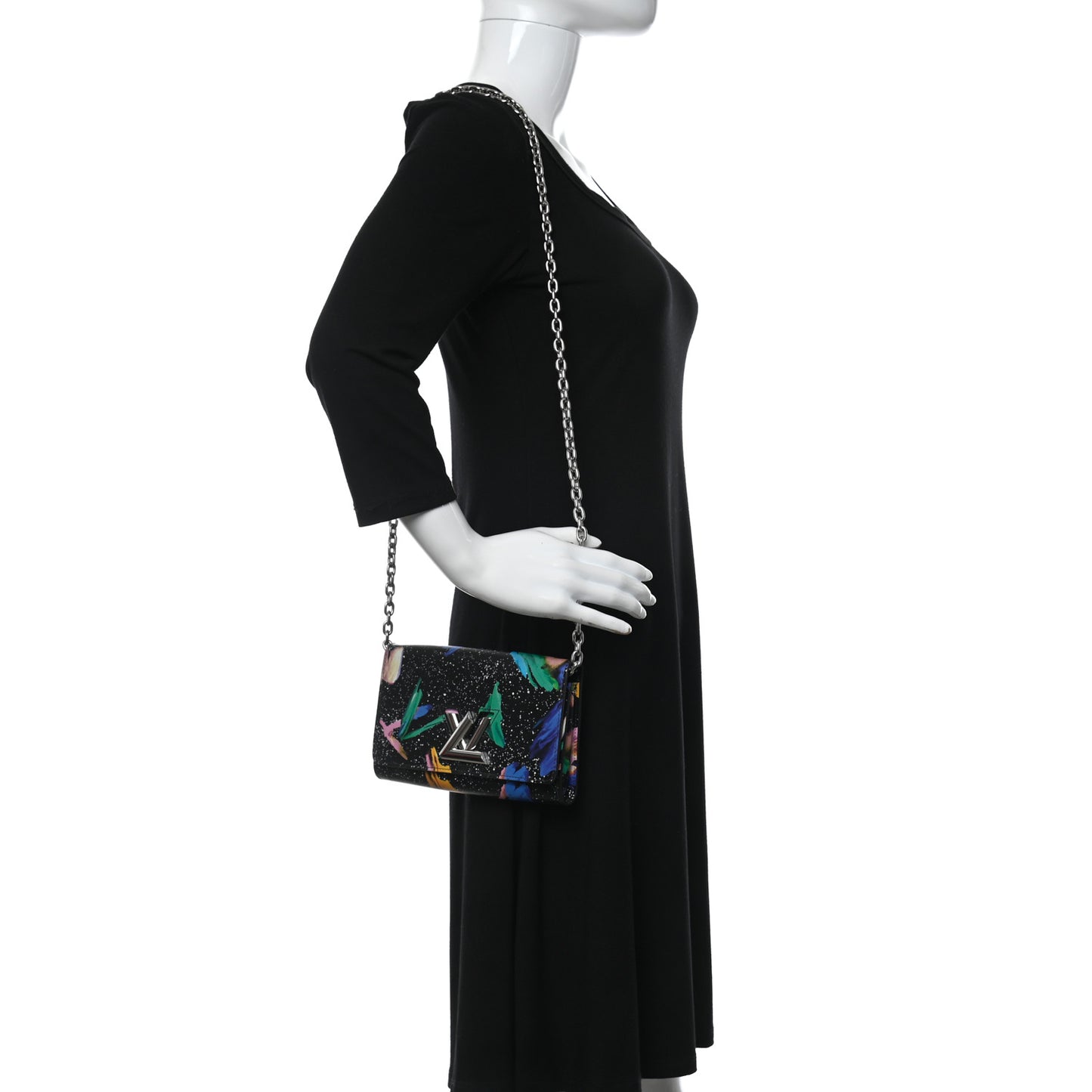 Calfskin Splash Print Twist Chain Wallet Black
