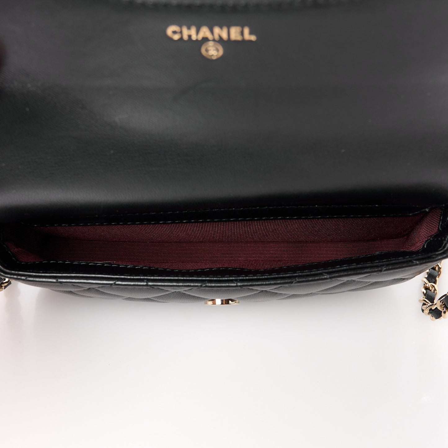Lambskin Quilted Flap Phone Holder With Chain Black