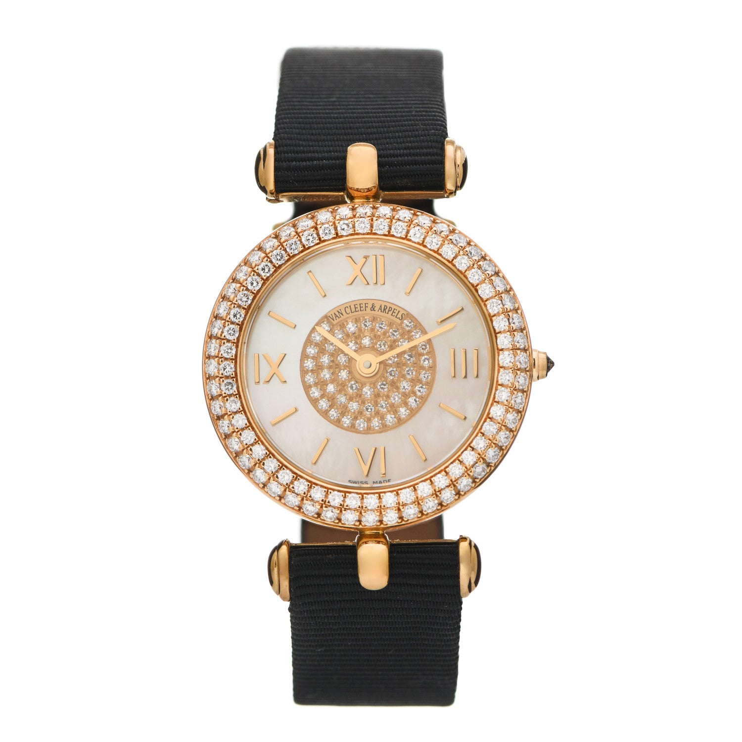 Van Cleef & Arpels 18K Yellow Gold Satin Diamond Pave Bezel Mother of Pearl 28mm Classique Quartz Watch 1 of 5