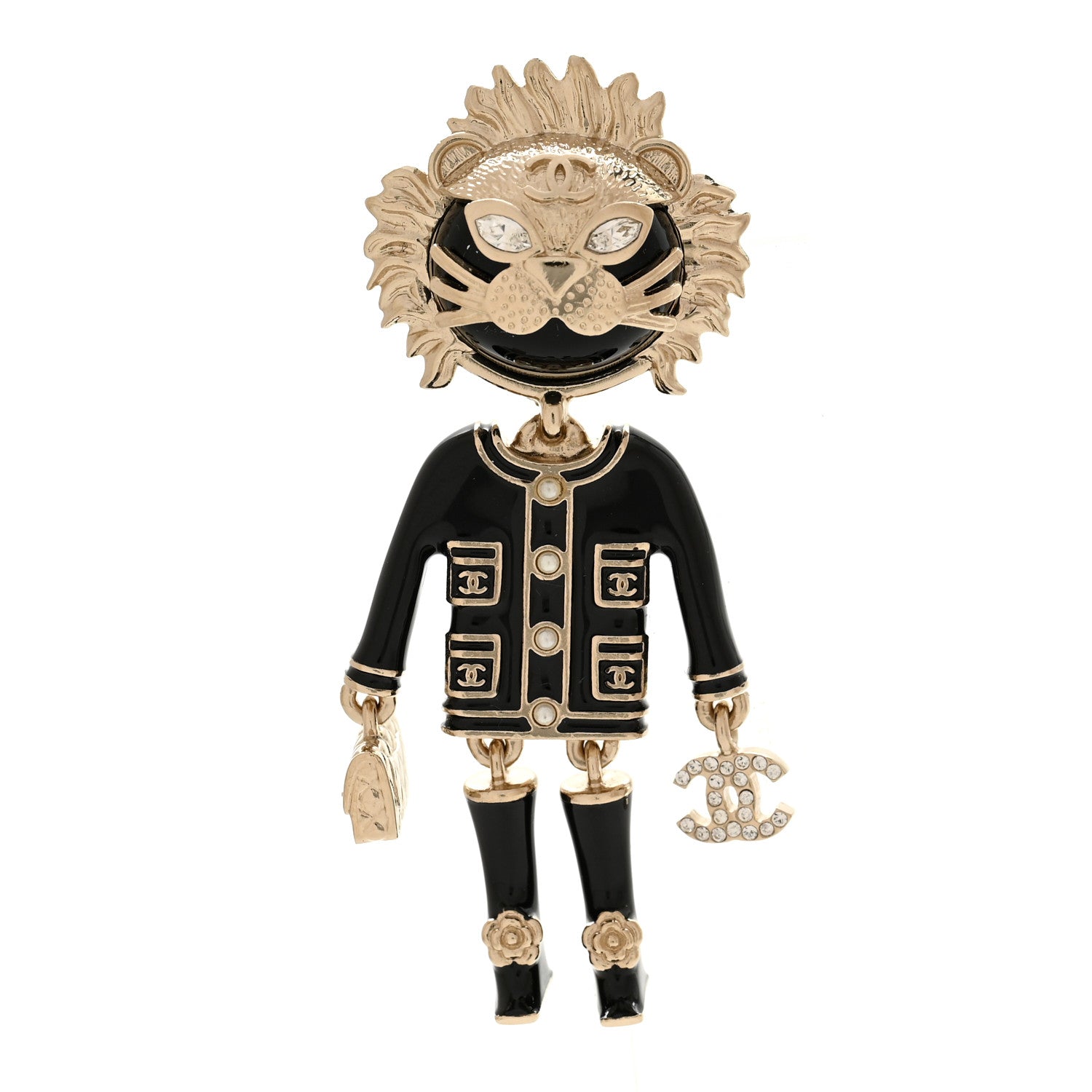 Chanel Enamel Crystal Pearl CC Lion Brooch Black White 1856137