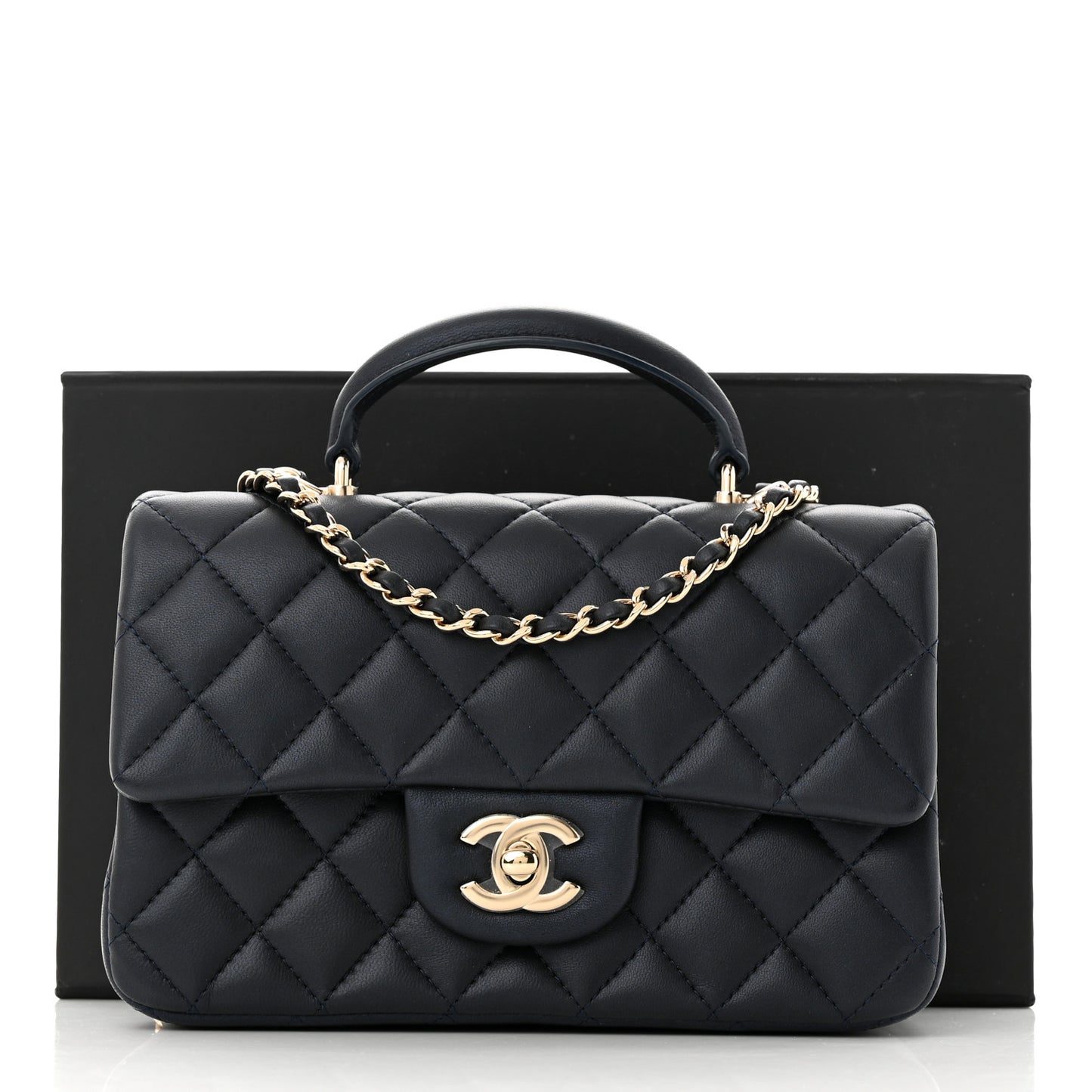 Iridescent Lambskin Quilted Mini Top Handle Rectangular Flap Dark Blue