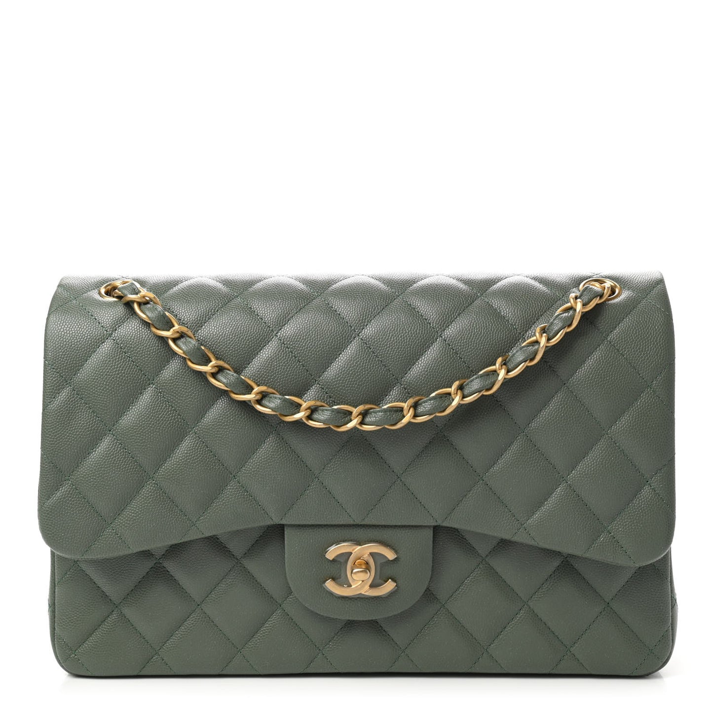 Caviar Quilted Jumbo Double Flap Dark Green
