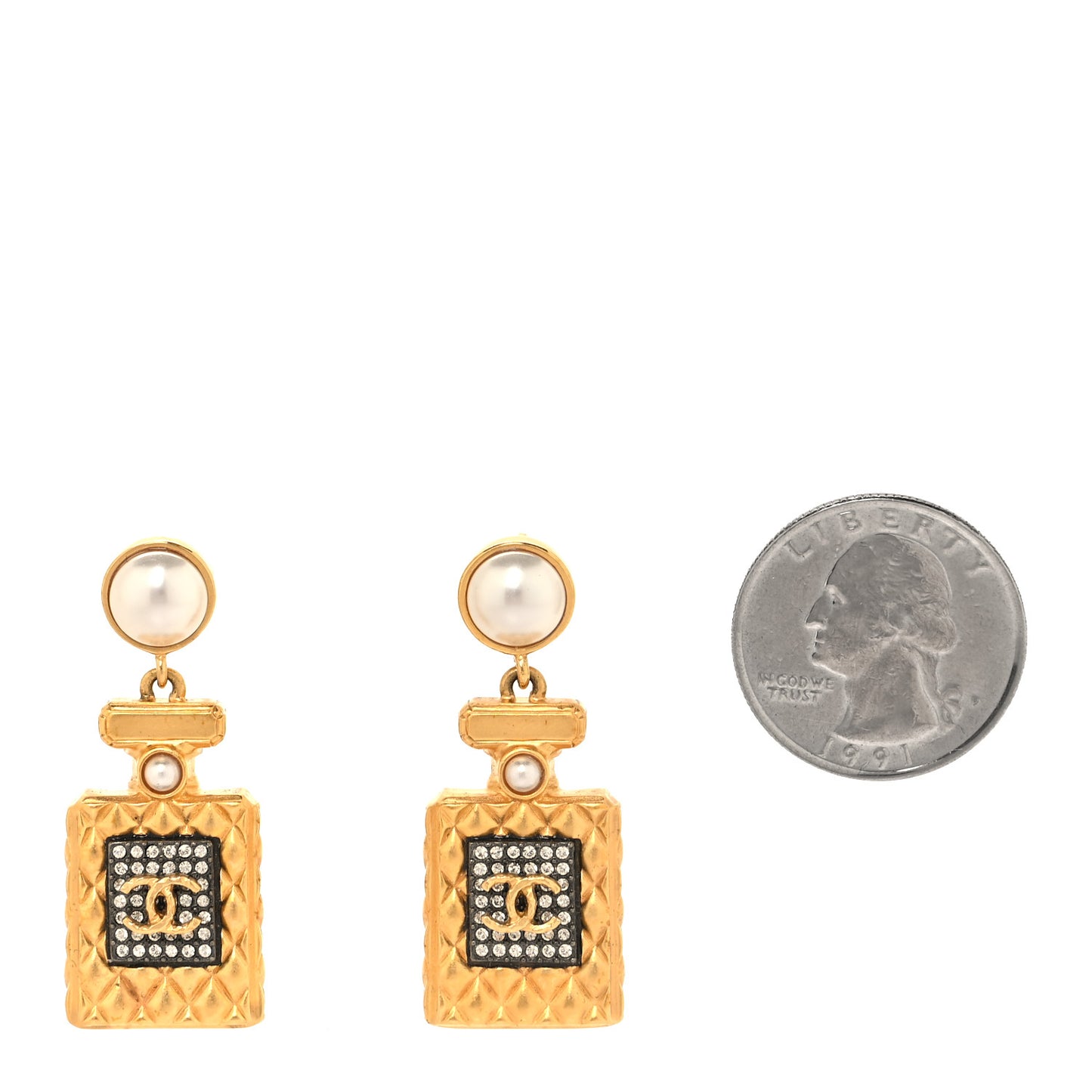 Crystal Pearl CC Perfume Bottle Drop Earrings Gold