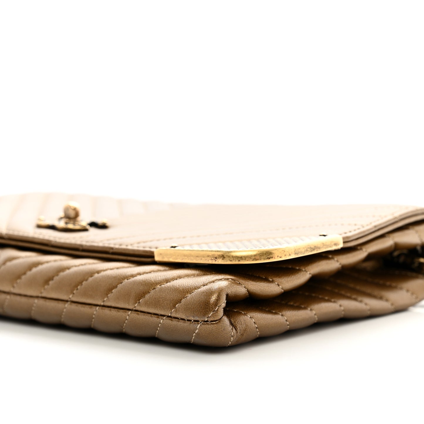 Metallic Lambskin Chevron Quilted Rock The Corner Clutch With Chain Bronze