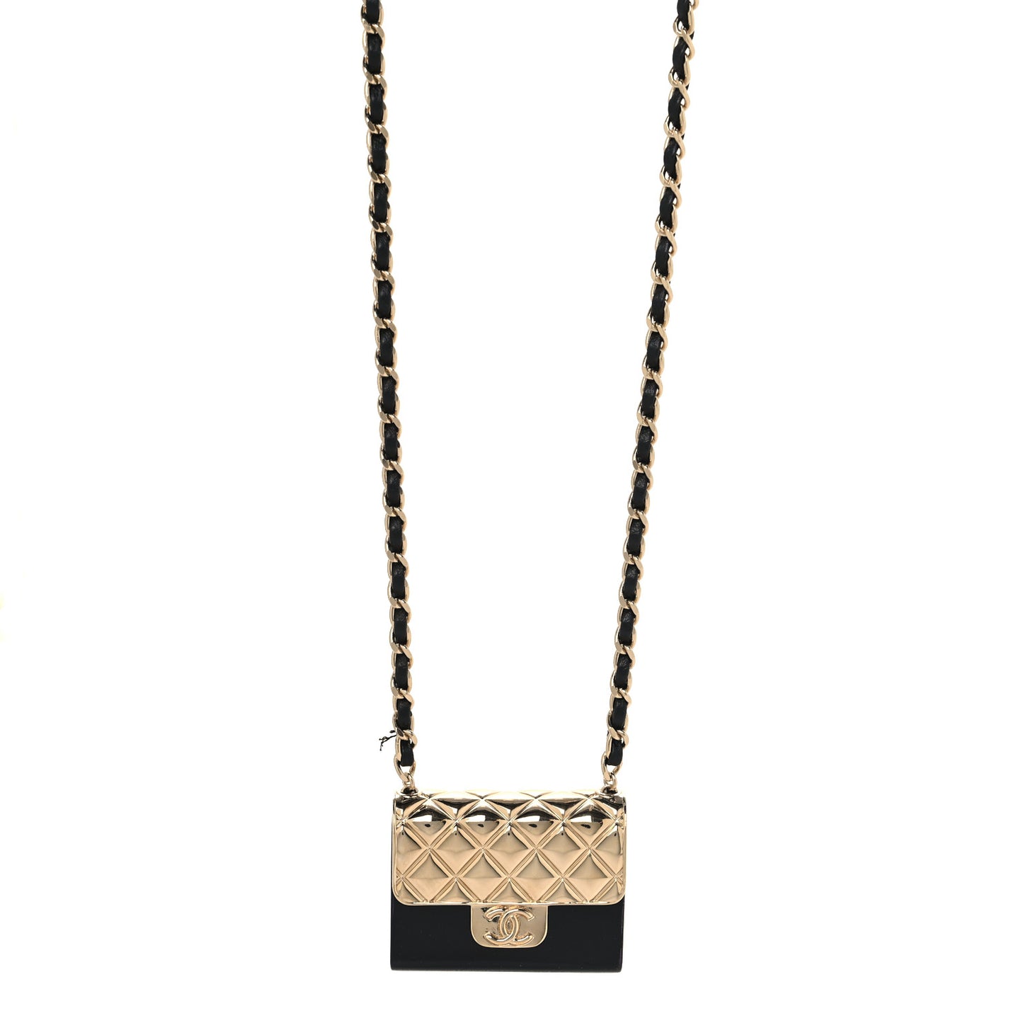 Metal Resin Lambskin Flap Bag Long Necklace Gold Black
