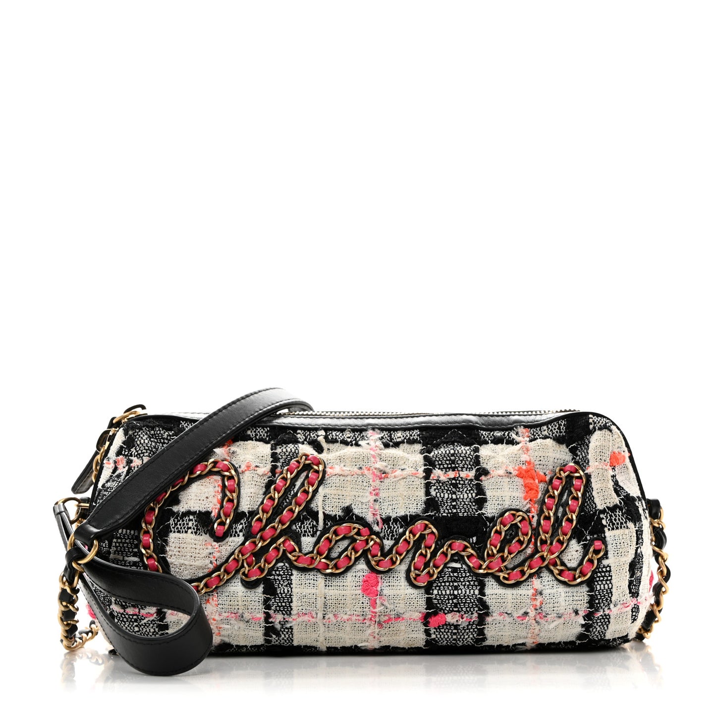 Tweed Calfskin Signe Bowling Bag White Black