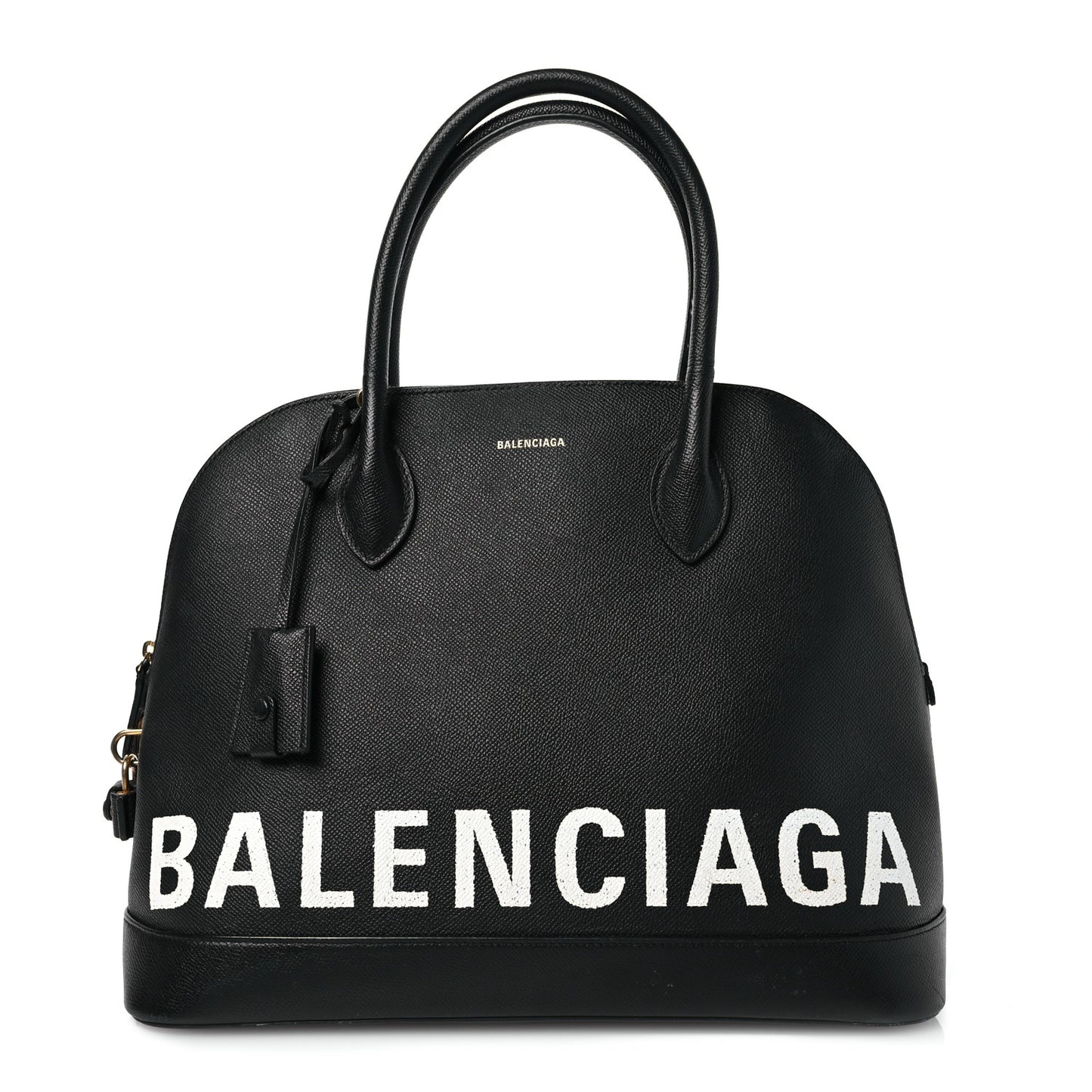 Signature Grained Calfskin Logo M Ville Top Handle Bag Black