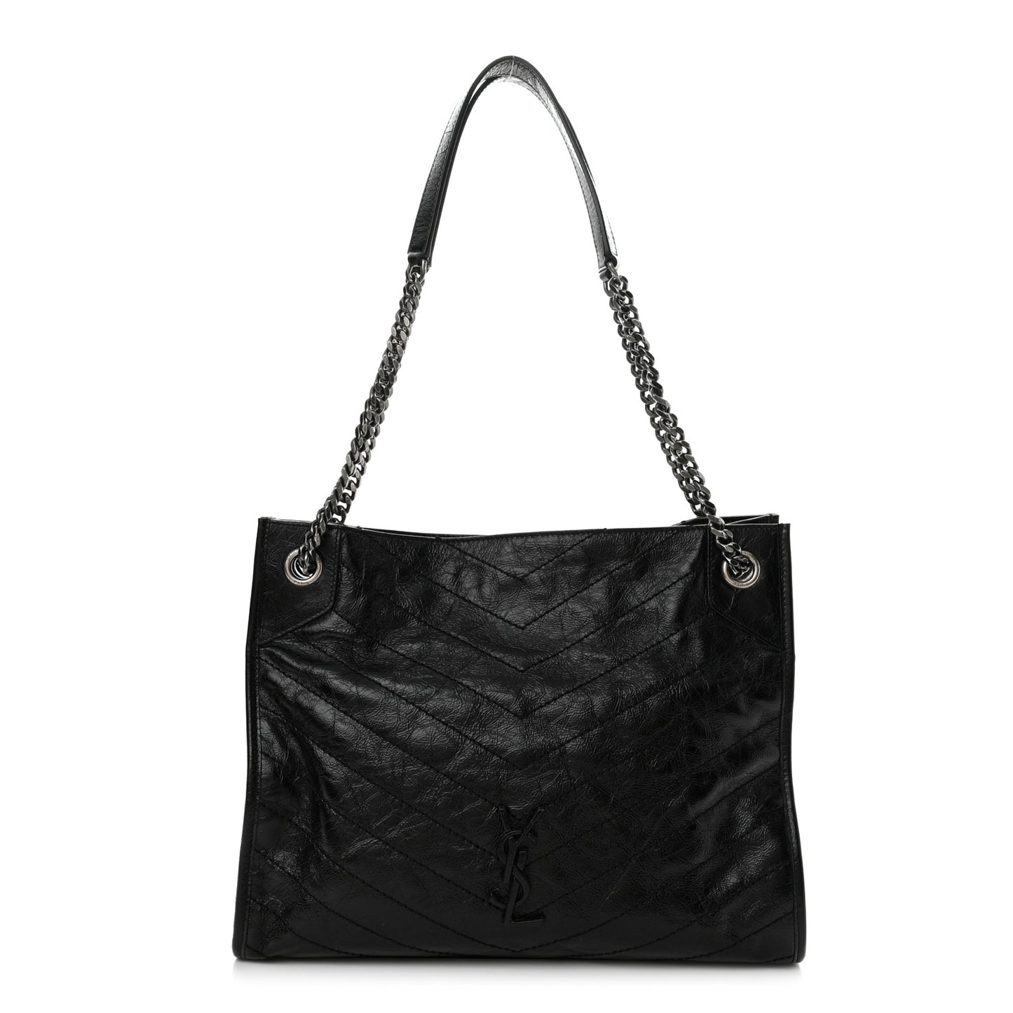 Crinkled Calfskin Matelasse Monogram Medium Niki Shopper Tote Black