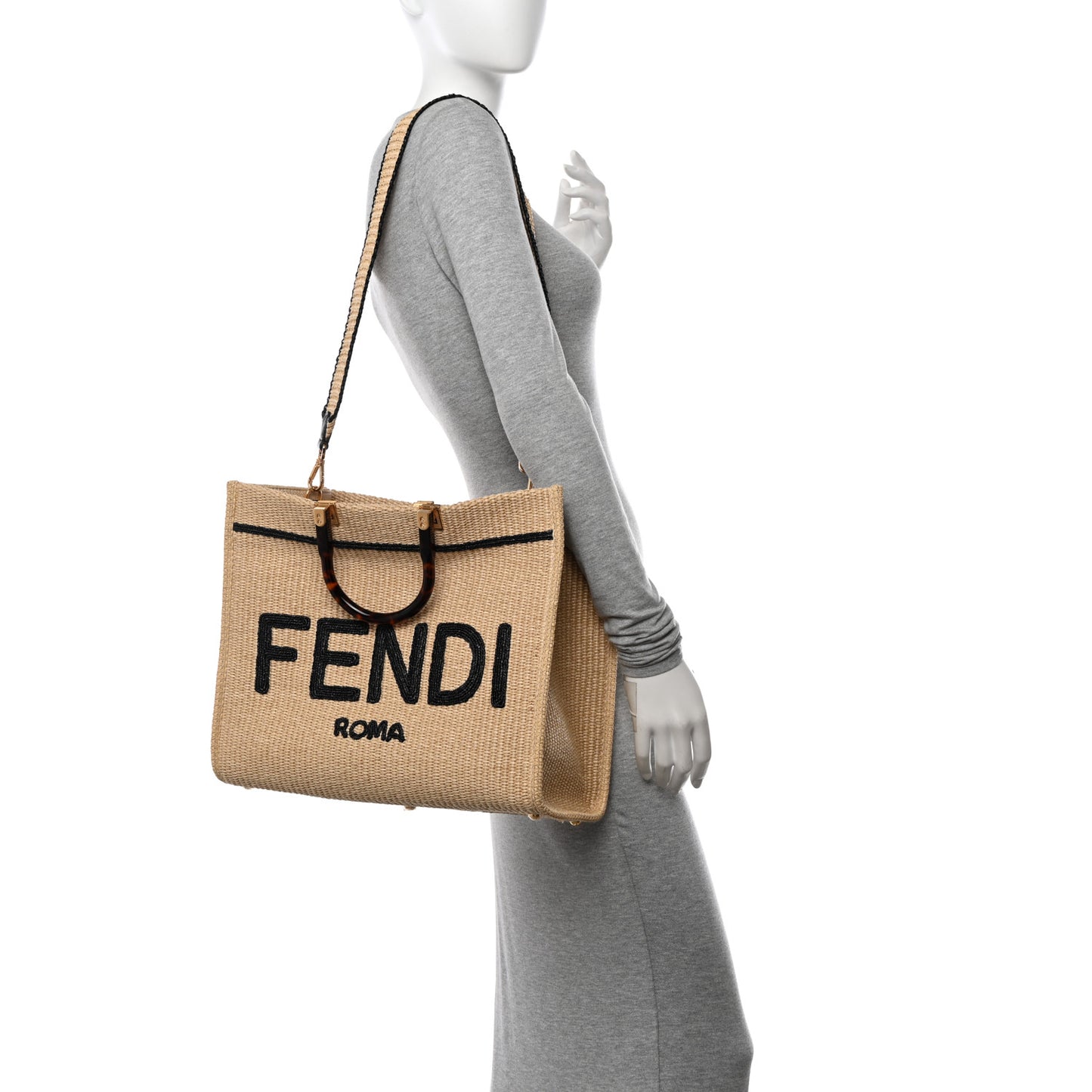 Straw Vitello King Plexiglass Woven Medium Fendi Sunshine Shopper Tote Natural Black