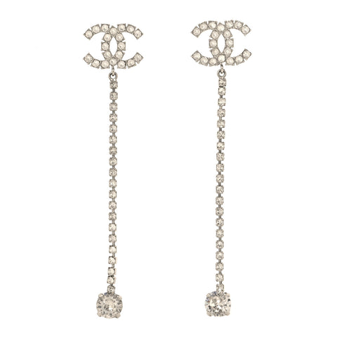 Metal Baguette Round Crystal CC Drop Long Earrings Silver