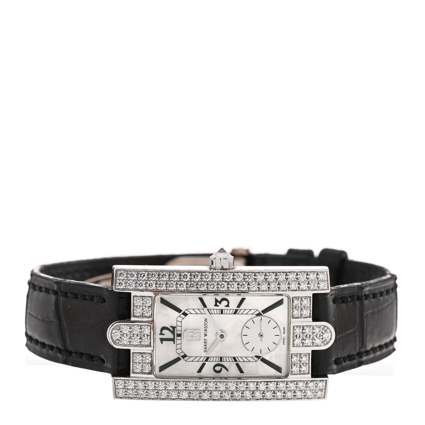 18K White Gold Alligator Diamond Mother of Pearl 21mm Avenue Quartz Watch