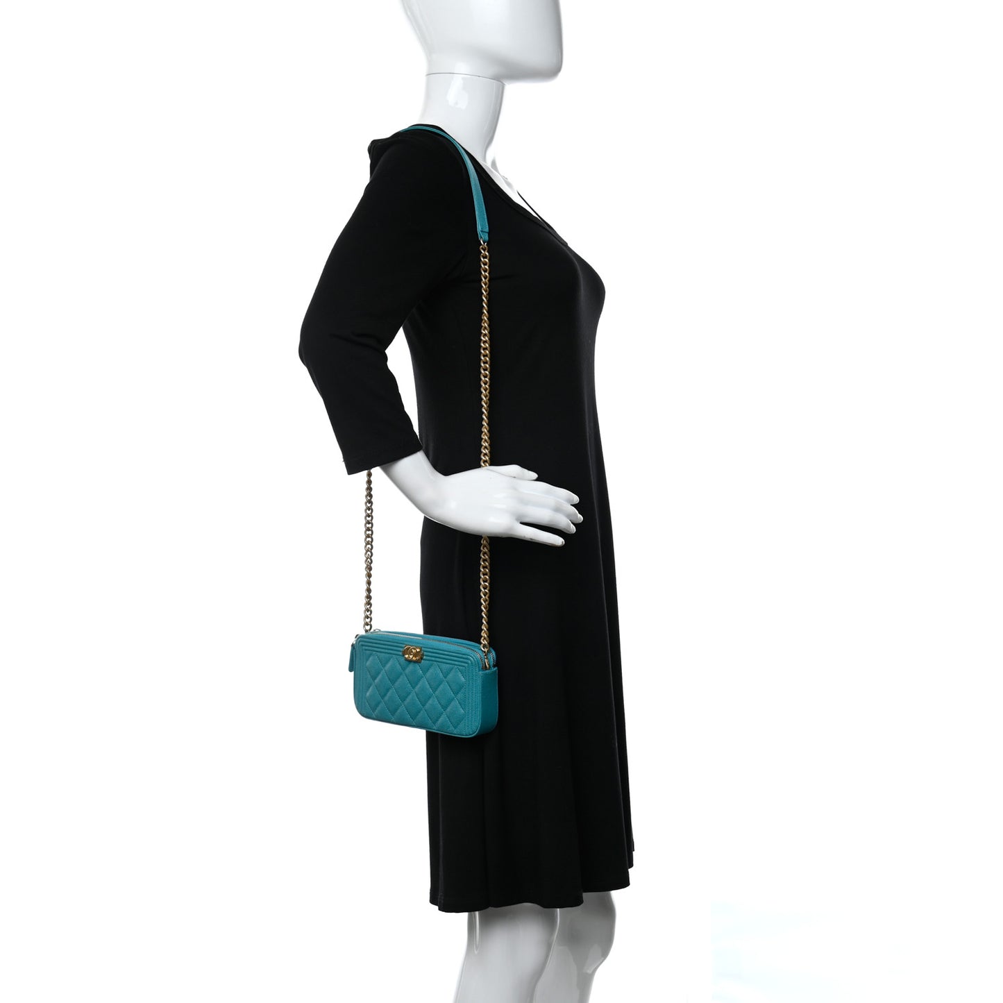 Caviar Quilted Small Boy Clutch With Chain Turquoise