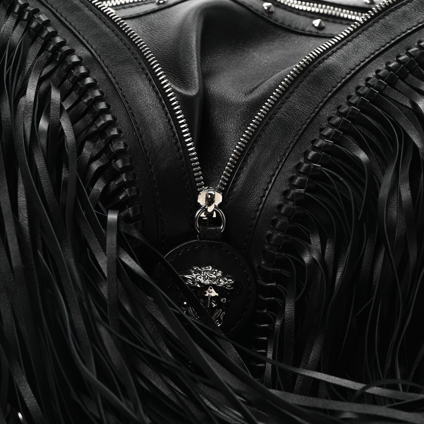 Calfskin Studded Large Fringe Repeat Zip Hobo Black