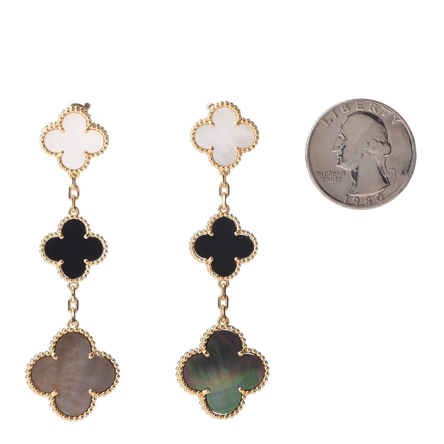 18K Yellow Gold Mother of Pearl Black Onyx 3 Motifs Magic Alhambra Earrings