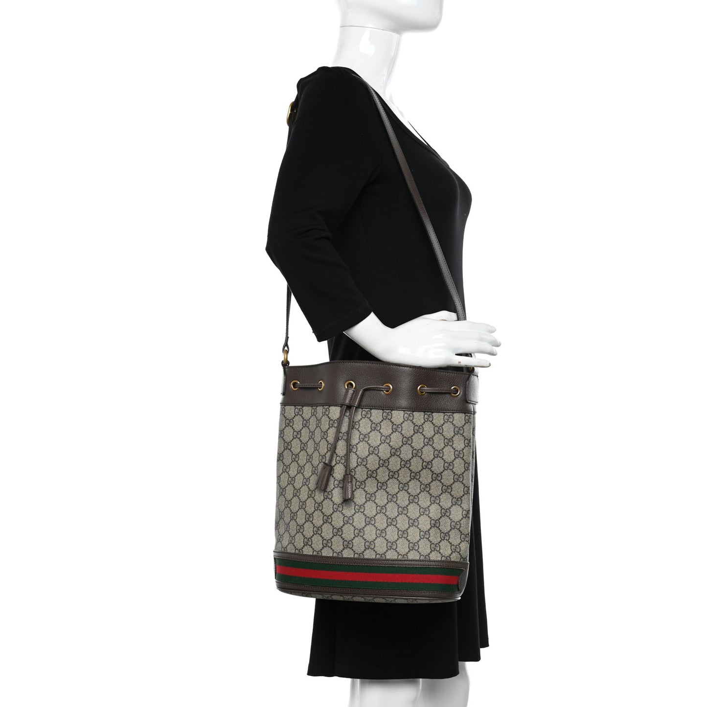 GG Supreme Monogram Web Ophidia Bucket Bag Brown