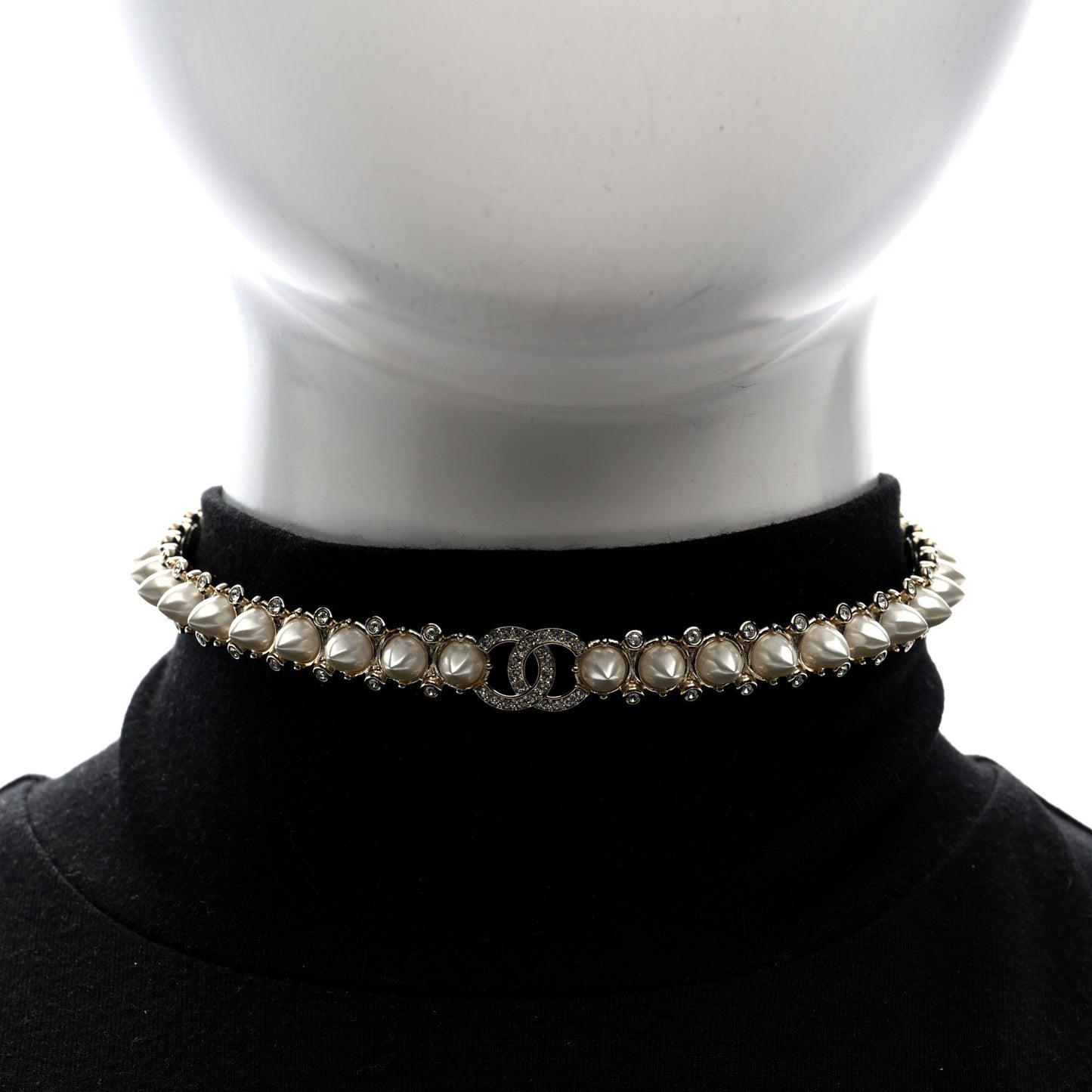 Strass Crystal Studded Pearl CC Choker Necklace Gold Pearly White