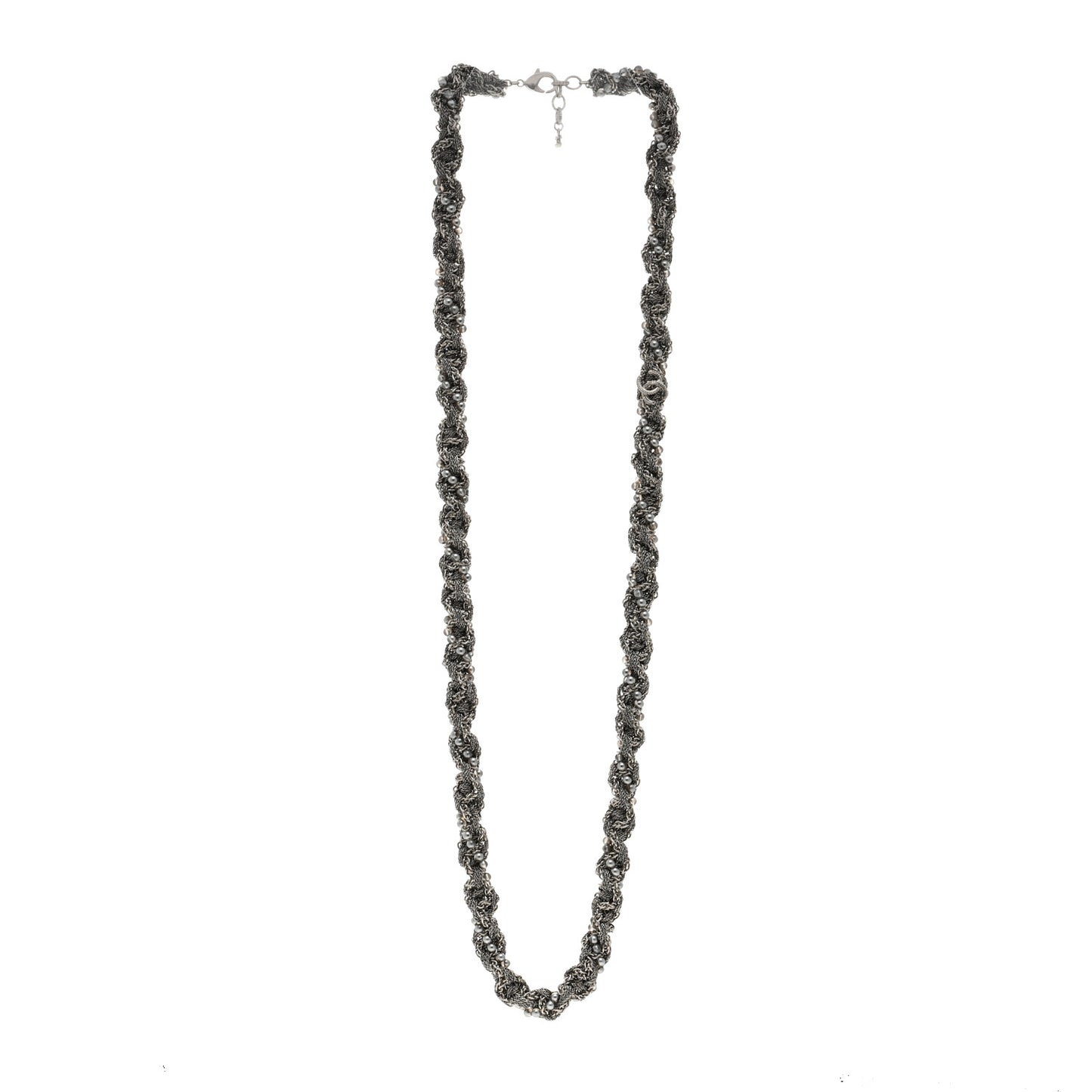 Multi Chain Braided Pearl Long Necklace Silver