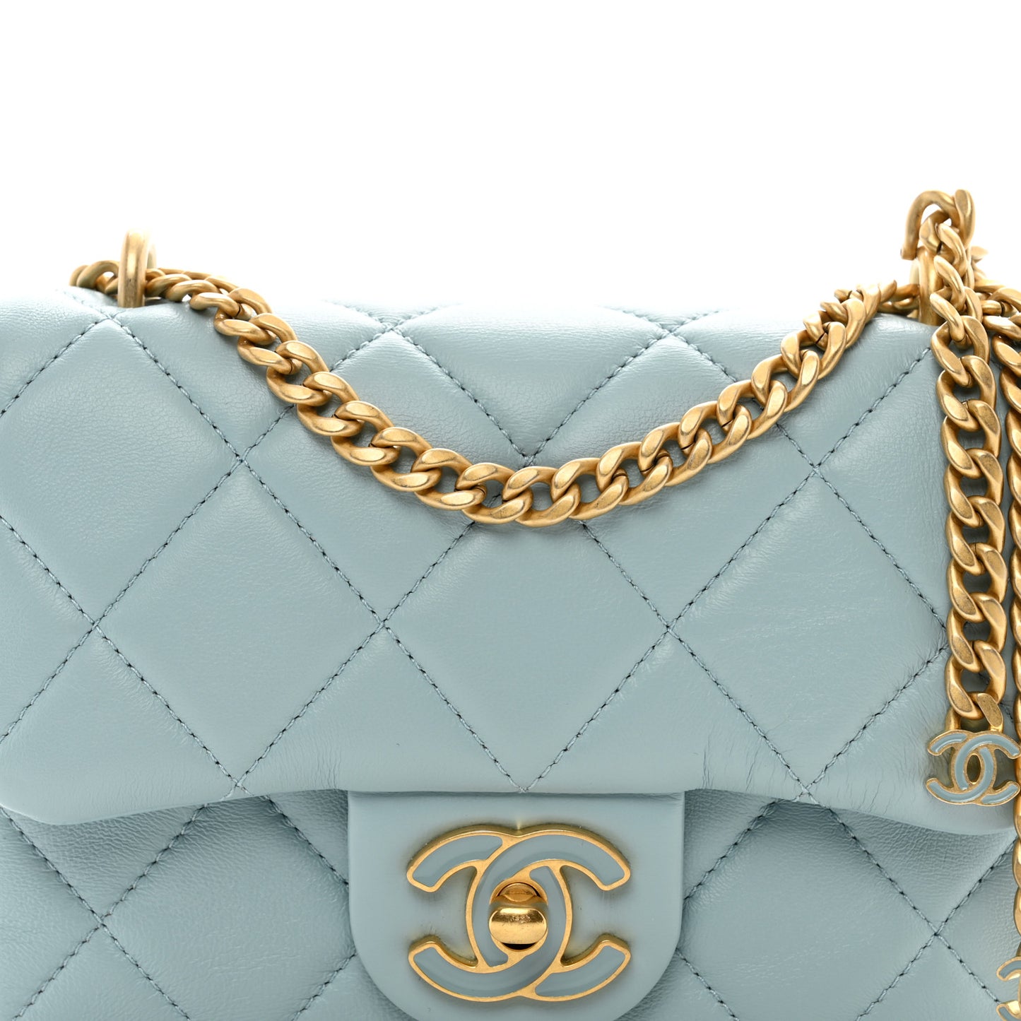 Lambskin Enamel Quilted Mini Pending CC Square Flap Light Blue