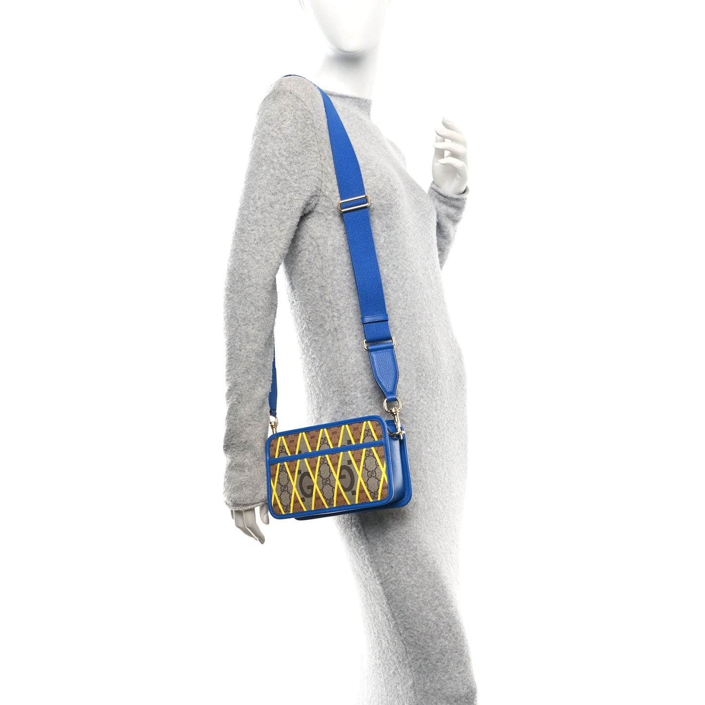 GG Supreme Monogram Mix Textured Dollar Calfskin Rhombus Inlay Crossbody Bag Beige Ebony Harvest Joy Blue