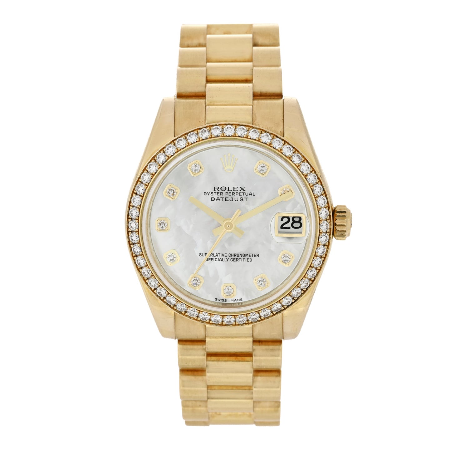 18K Yellow Gold Diamond Bezel Mother of Pearl 31mm Datejust President Watch 178288