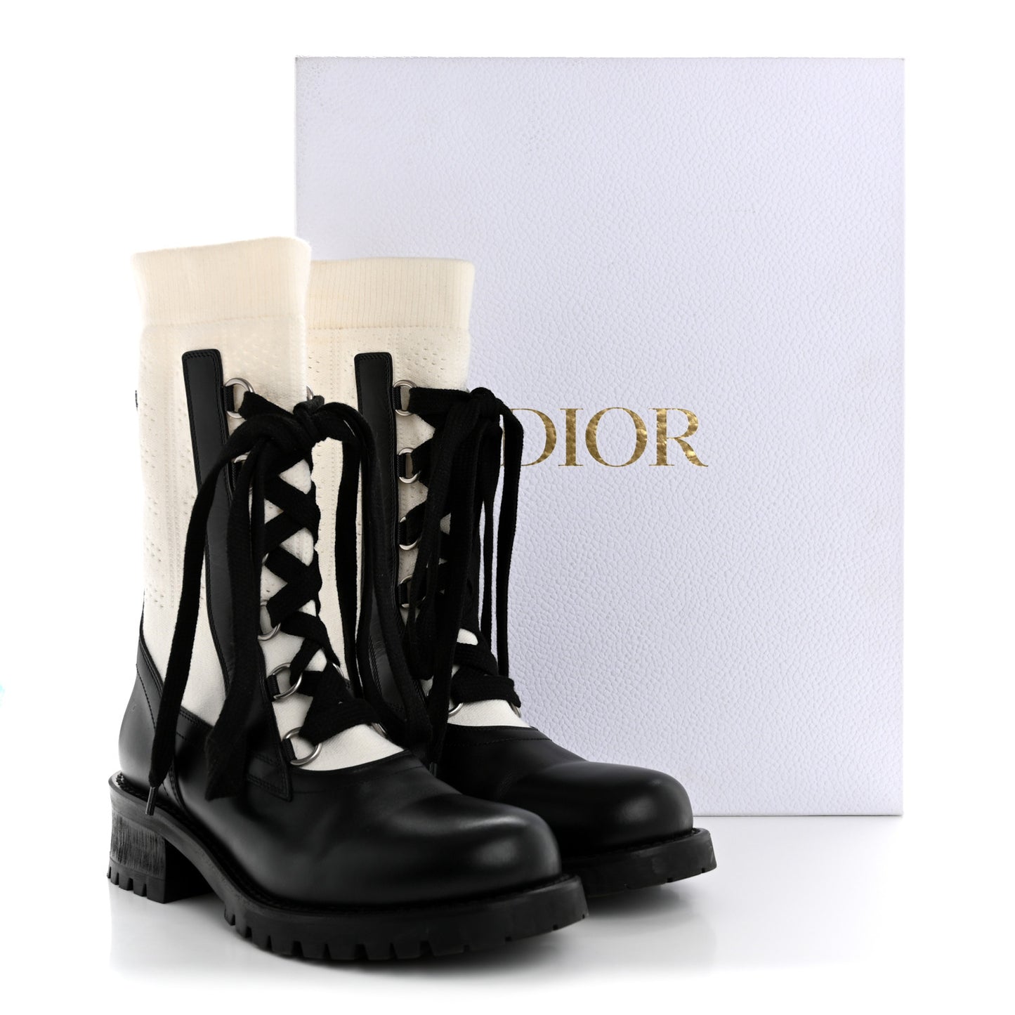 Calfskin Knit Fabric Diorland Combat Boots 38 Black White