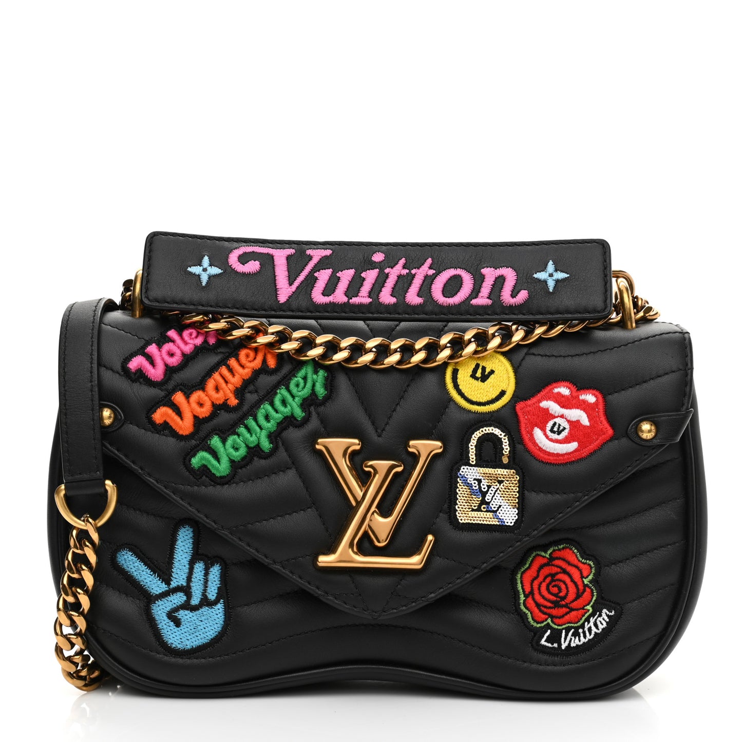 Calfskin Embroidered New Wave Chain MM Black