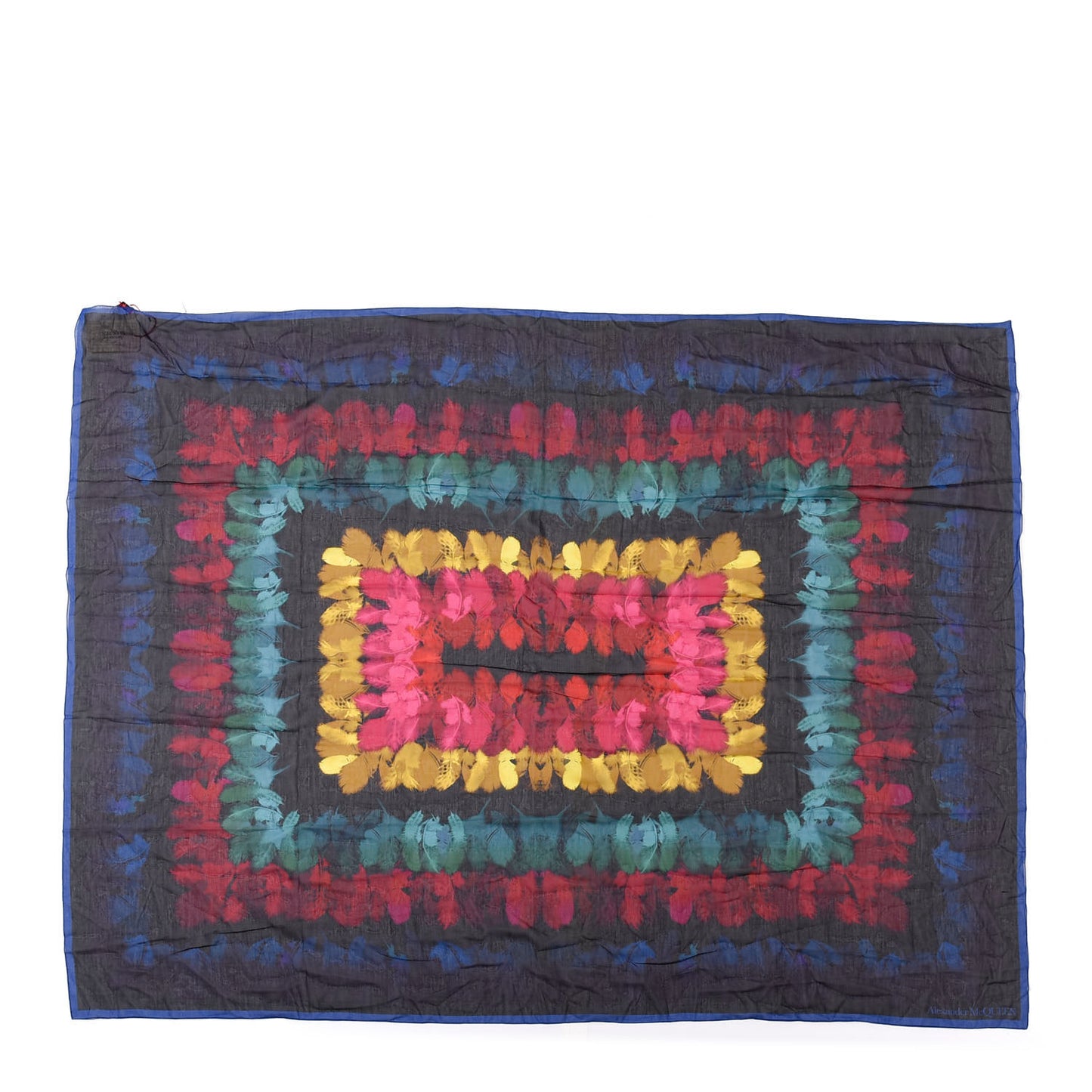 Cotton Silk Feather Border Scarf Black Blue