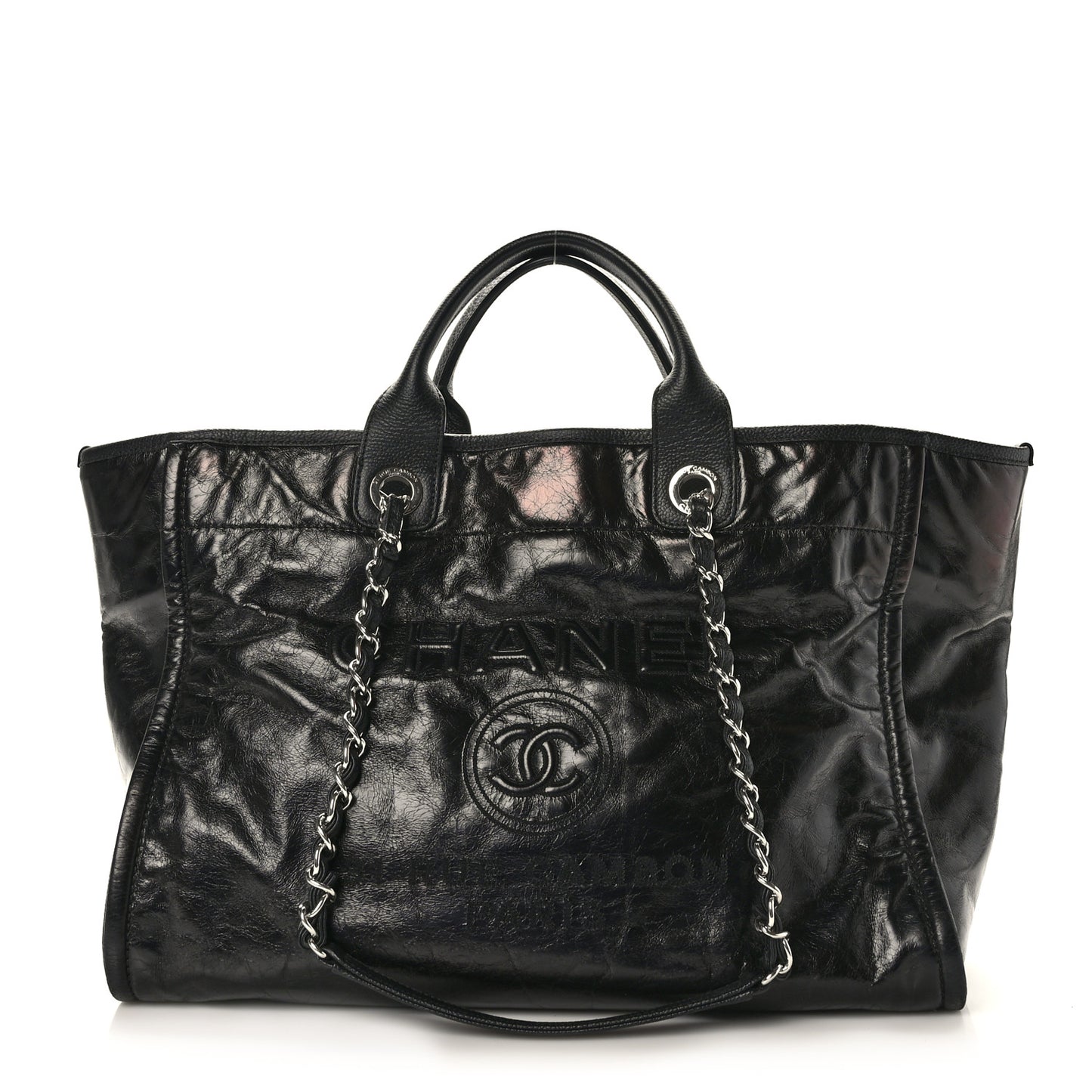 Glazed Calfskin Medium Deauville Tote Black