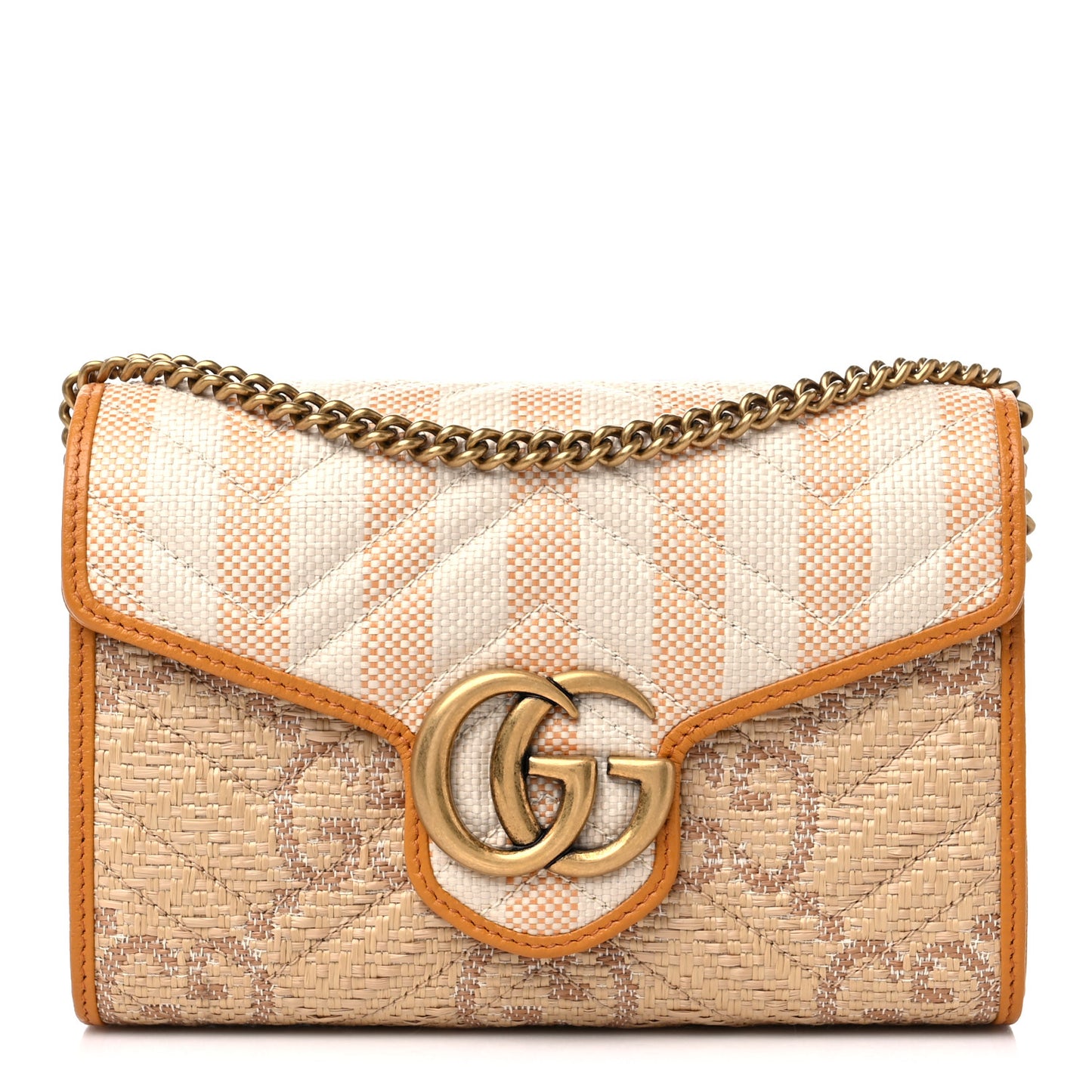 Raffia GG Monogram Matelasse GG Marmont Chain Wallet Natural Beige Off White Sun Oil