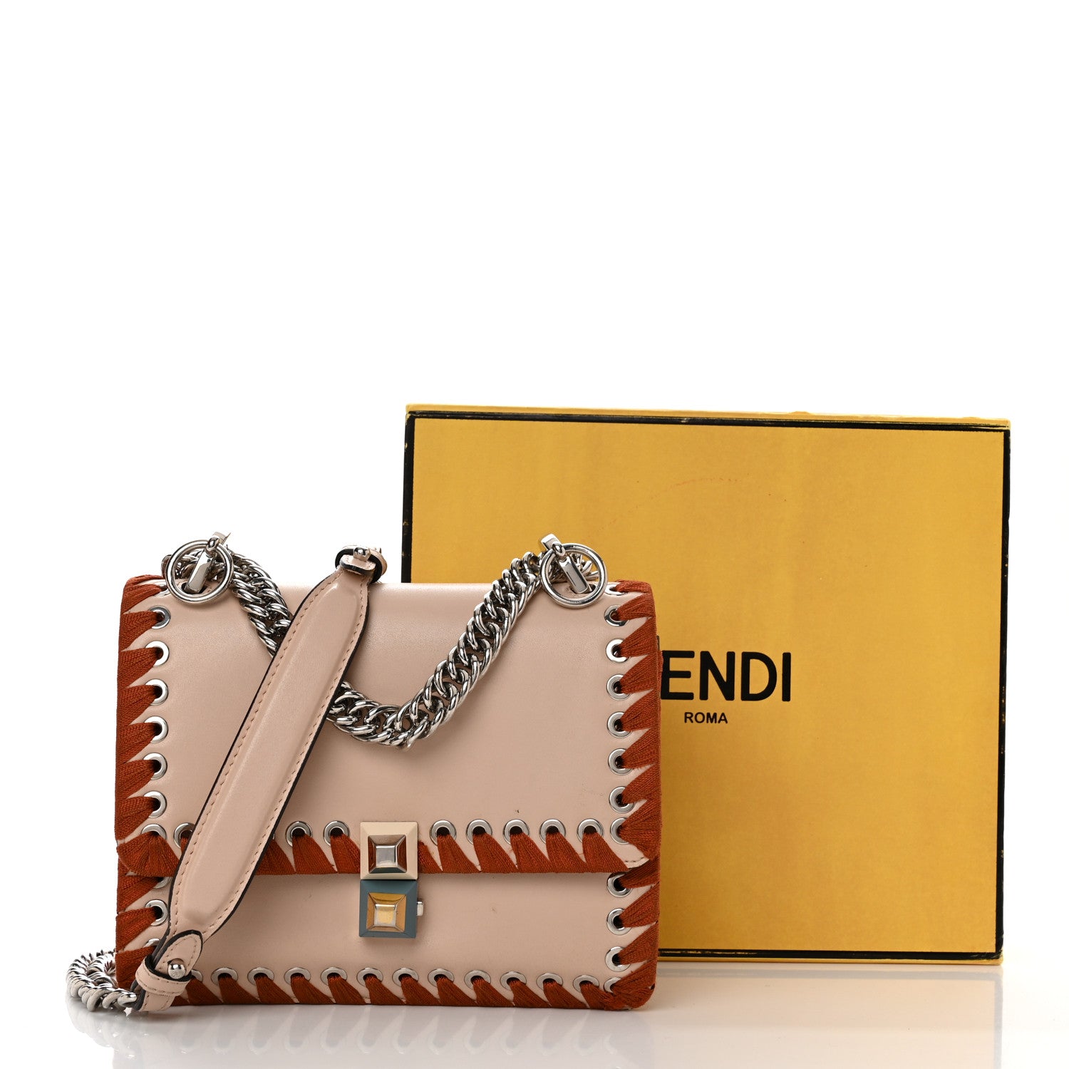 Fendi Vitello Liberty Lucido Ribbon Lace Up Studded Small Kan I Shoulder Bag Plaster 12 of 12