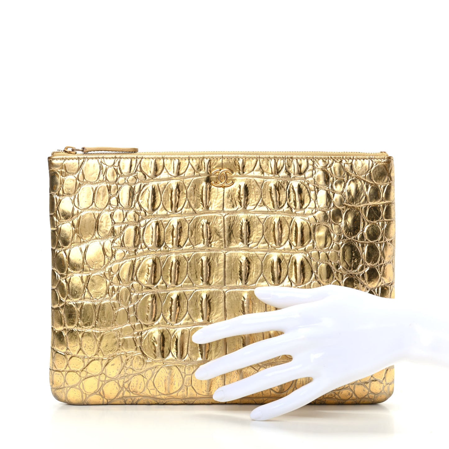 Metallic Calfskin Crocodile Embossed Medium Cocodile Cosmetic Case Gold