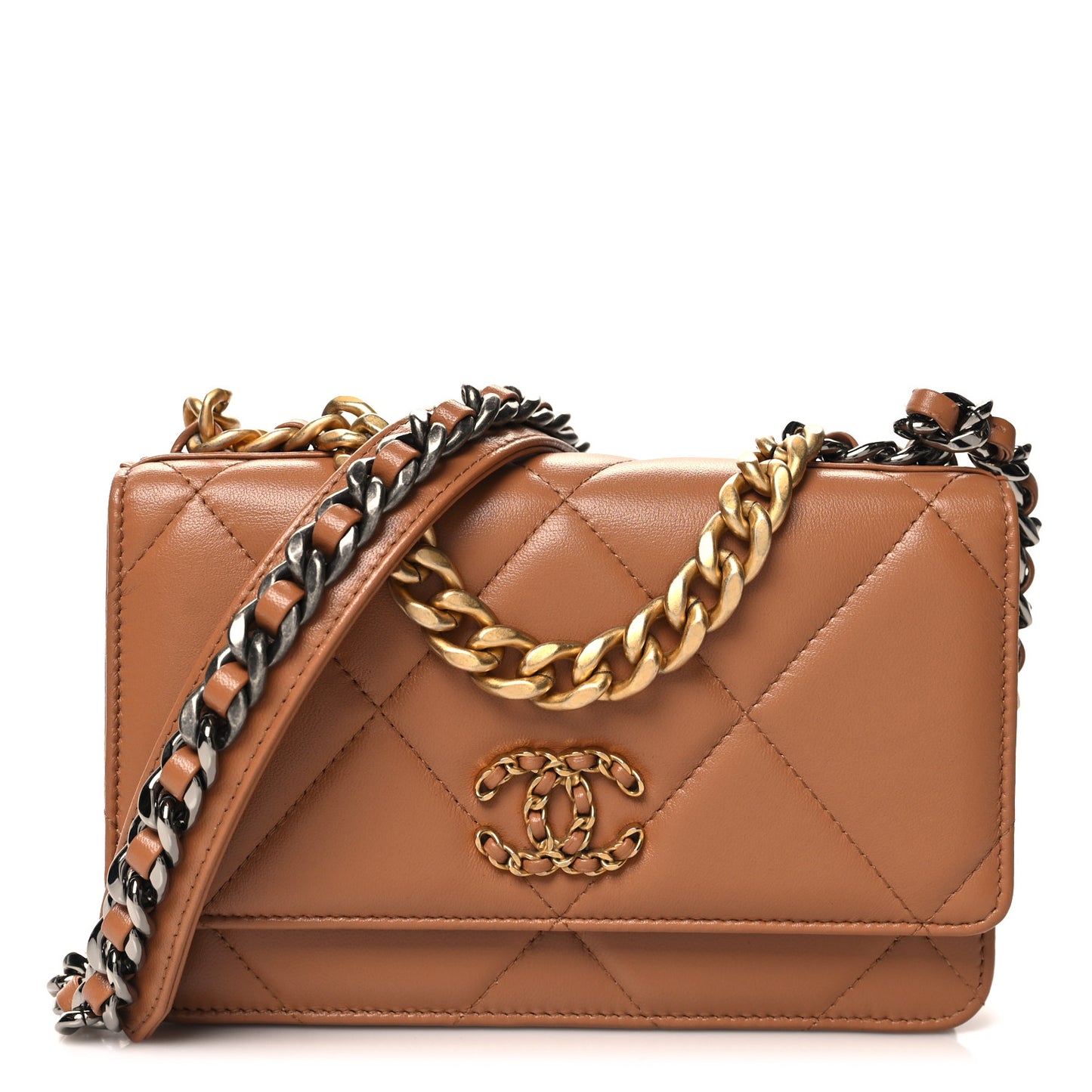 Lambskin Quilted Chanel 19 Wallet On Chain WOC Brown