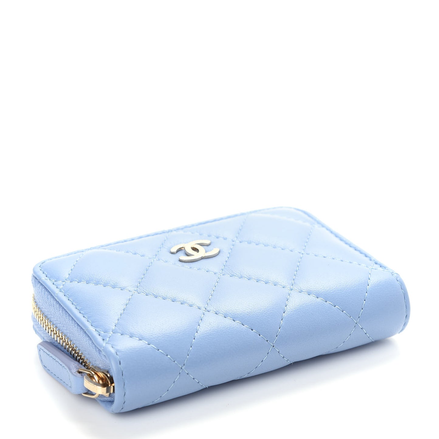 Lambskin Quilted Zip Around Coin Purse Wallet Light Blue