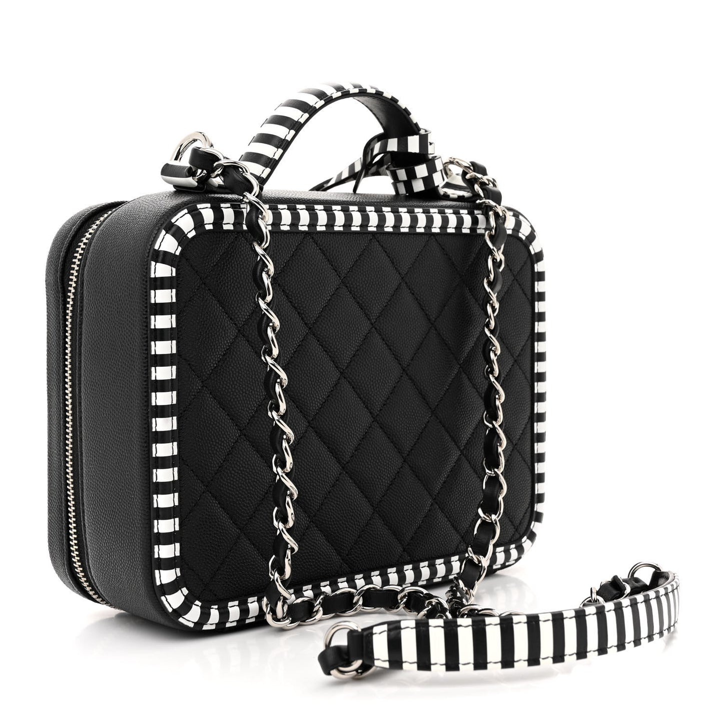 Caviar Quilted Striped Medium CC Filigree Vanity Case Black White